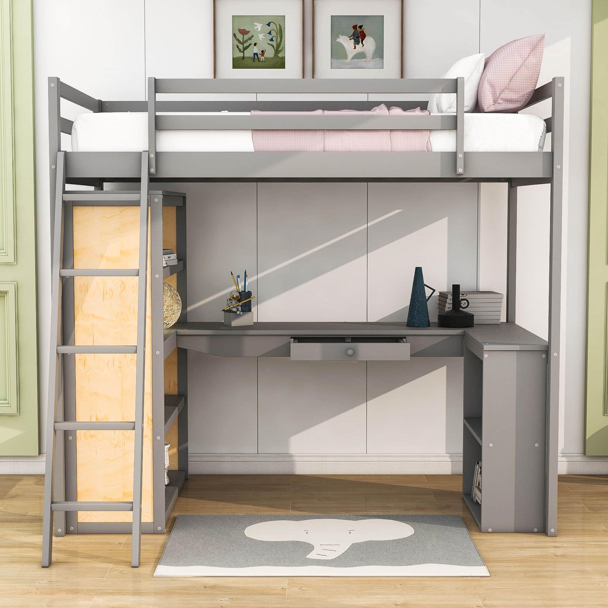 Twin Loft Bed with Desk and Storage Shelves for Adults, Teens