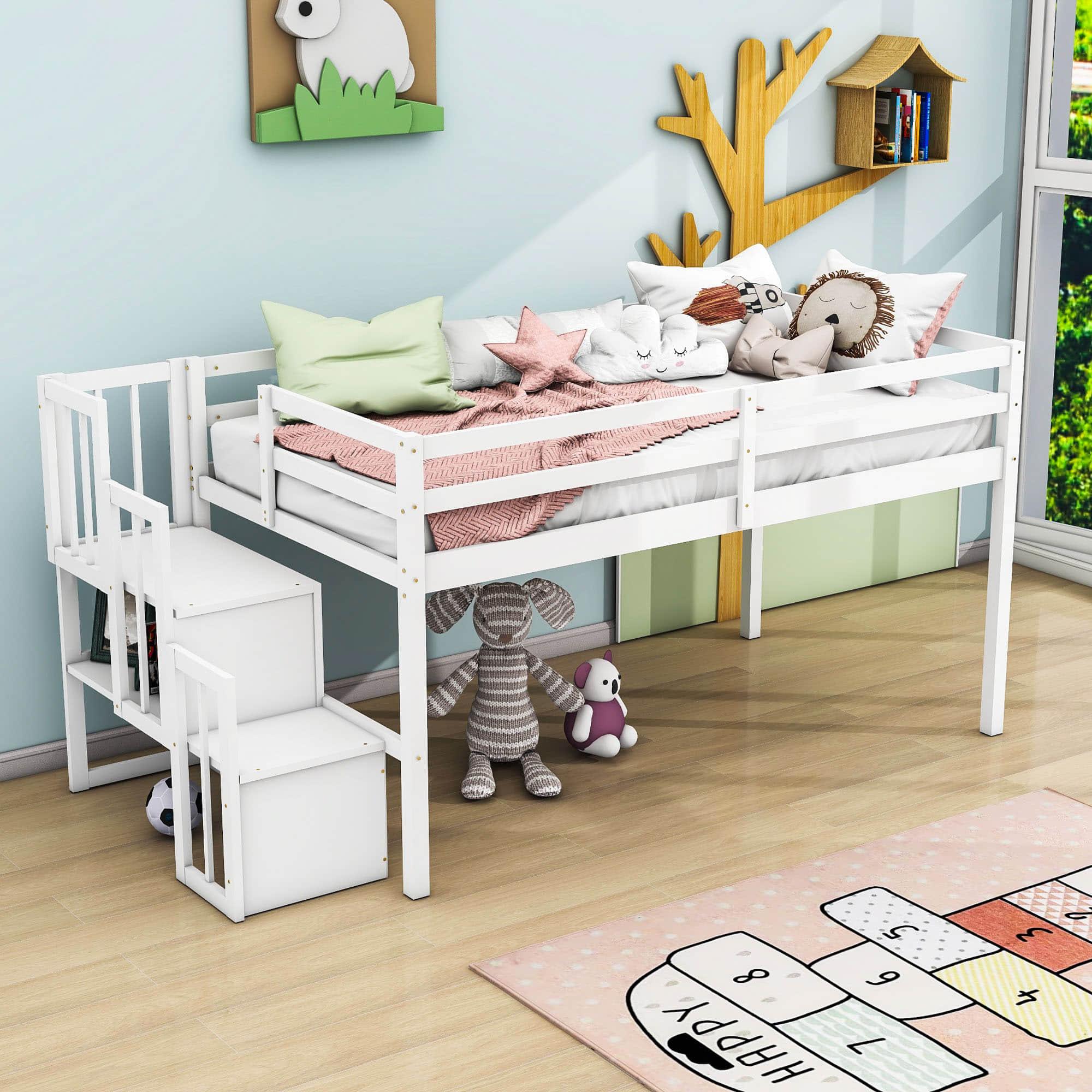 Wood Low Twin Loft Bed with Stairs and Storage for Kids, Toddler - [Shelves]