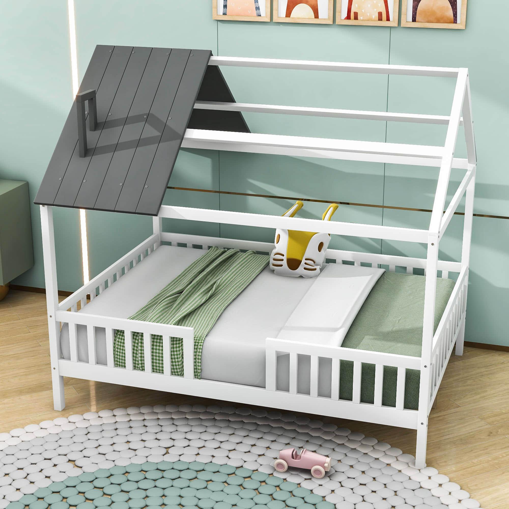 Full Wooden Kids Low Montessori Farmhouse Bed Frame with Rails