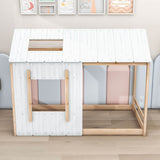 Wood House-Shaped Twin Floor Bed Frame for Toddler, Kids - [Roof]