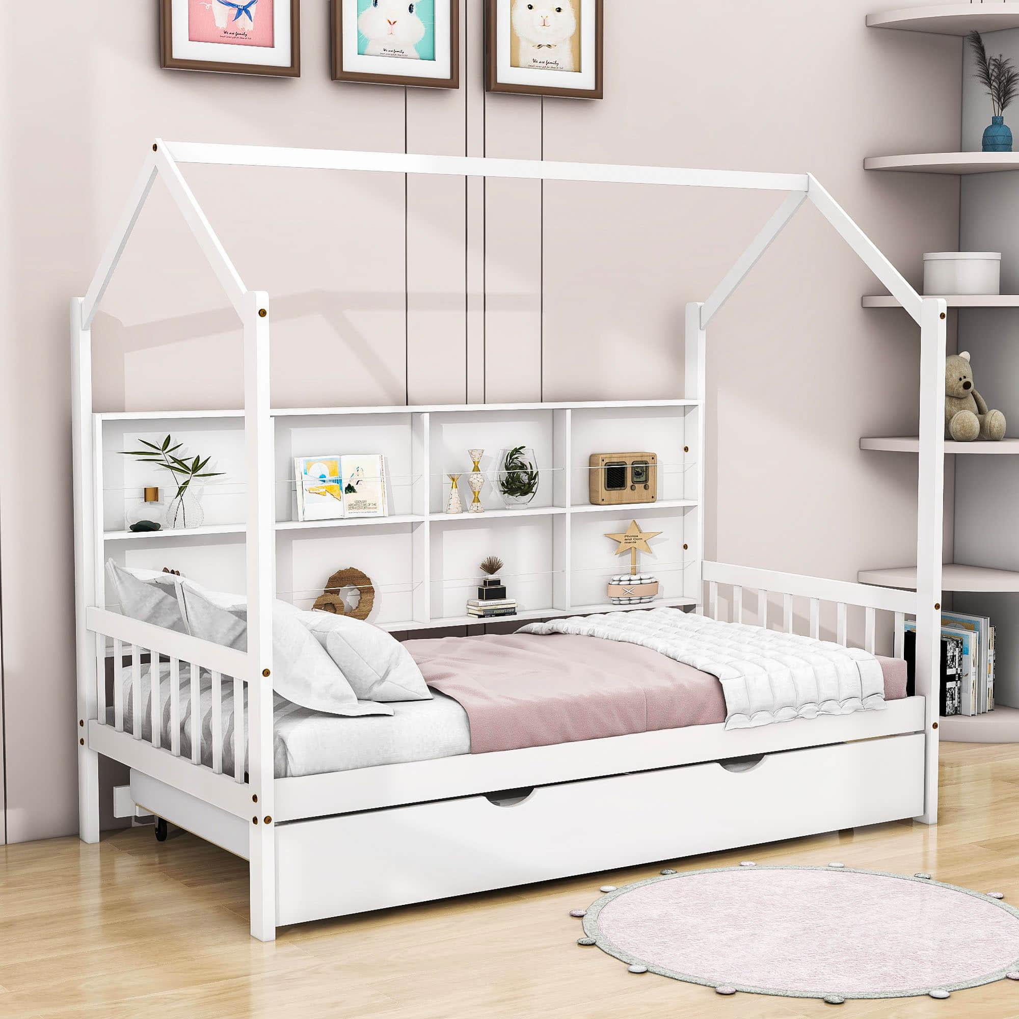 Twin Size Kids House Bed Frame with Twin Trundle and Shelf above Bed