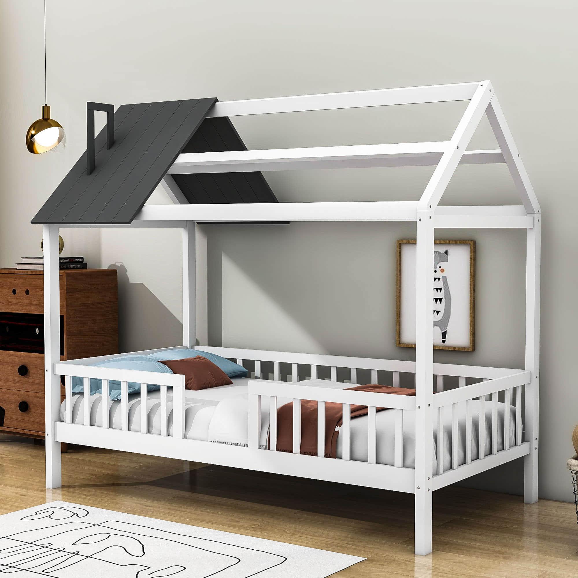 Twin Size Montessori Wooden Kids Low Farmhouse Bed Frame with Rails