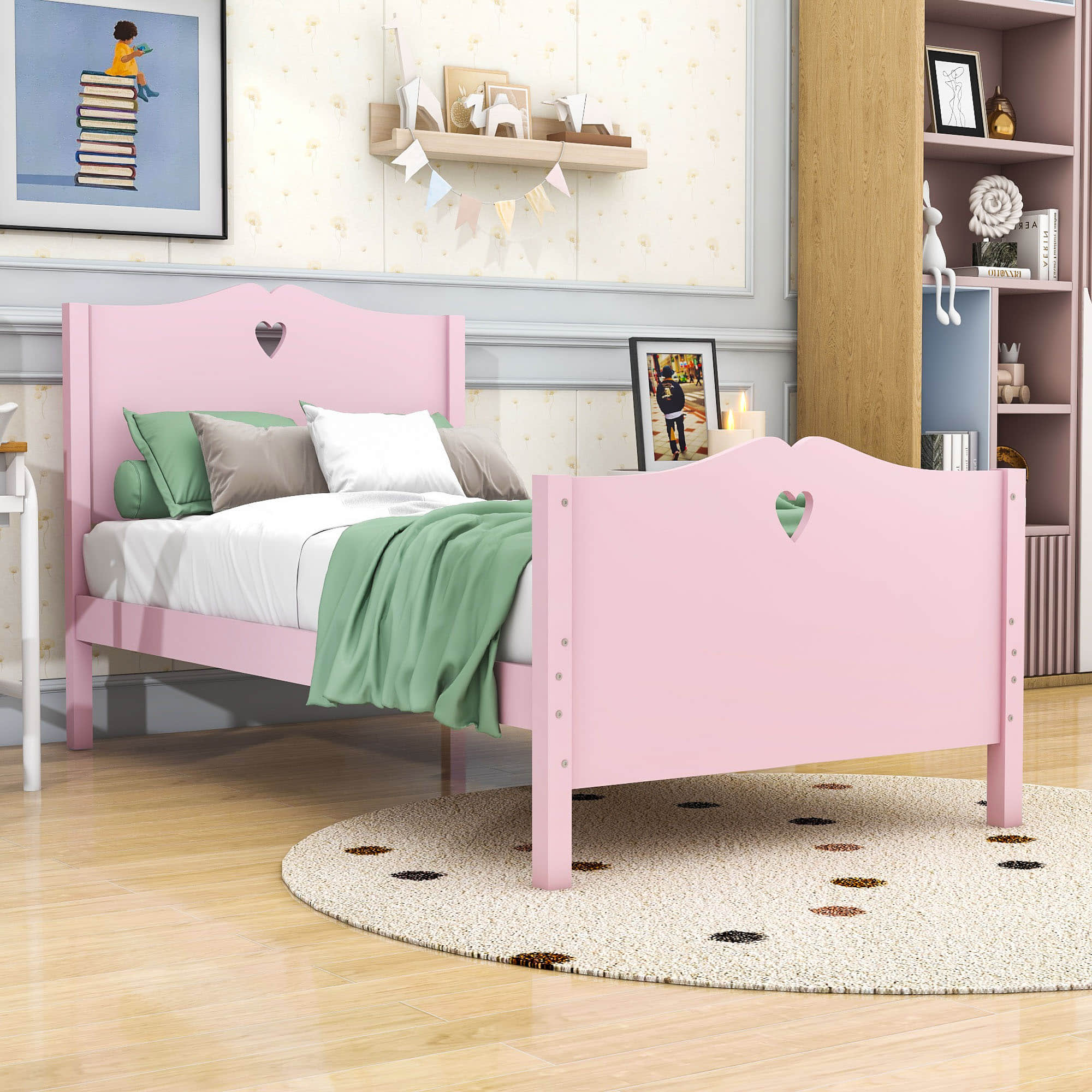 Wood Girls Twin Platform Bed with Headboard and Footboard