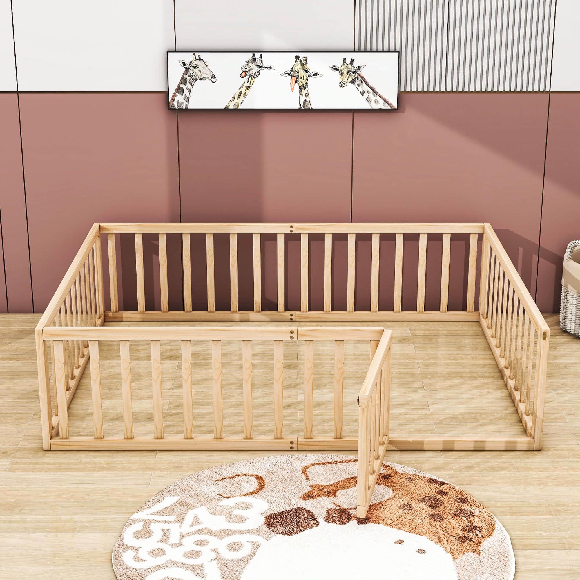 Wooden Queen Size Floor Toddler Bed with Rails and Door