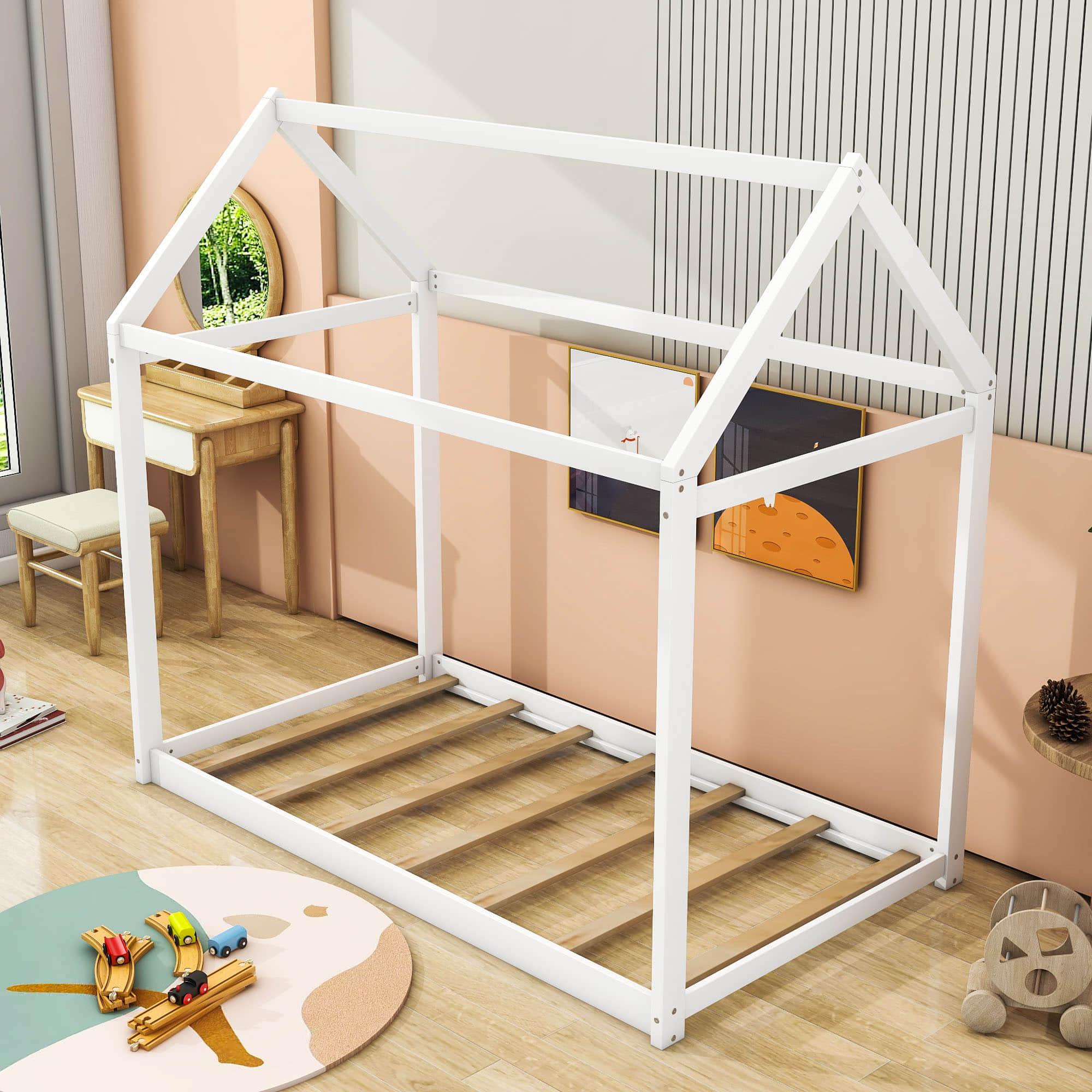 Wooden Twin Size Low to Floor Toddler House Bed Frame