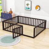 Wooden Queen Size Floor Toddler Bed with Rails and Door