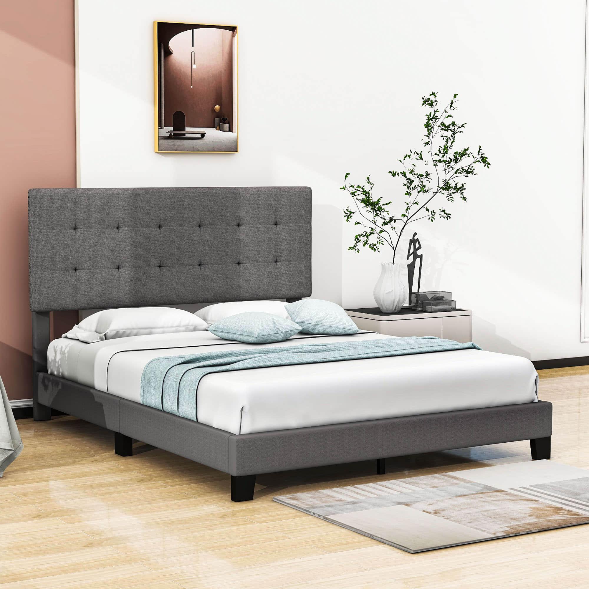 Queen Size Linen Upholstered Platform Bed with Tufted Headboard