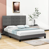 Queen Size Linen Upholstered Platform Bed with Tufted Headboard