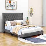 Queen Size Linen Upholstered Bed Frame with Tufted Headboard