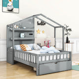 Wood Twin House Bed with Upholstered Sofa and Storage, Charging Station