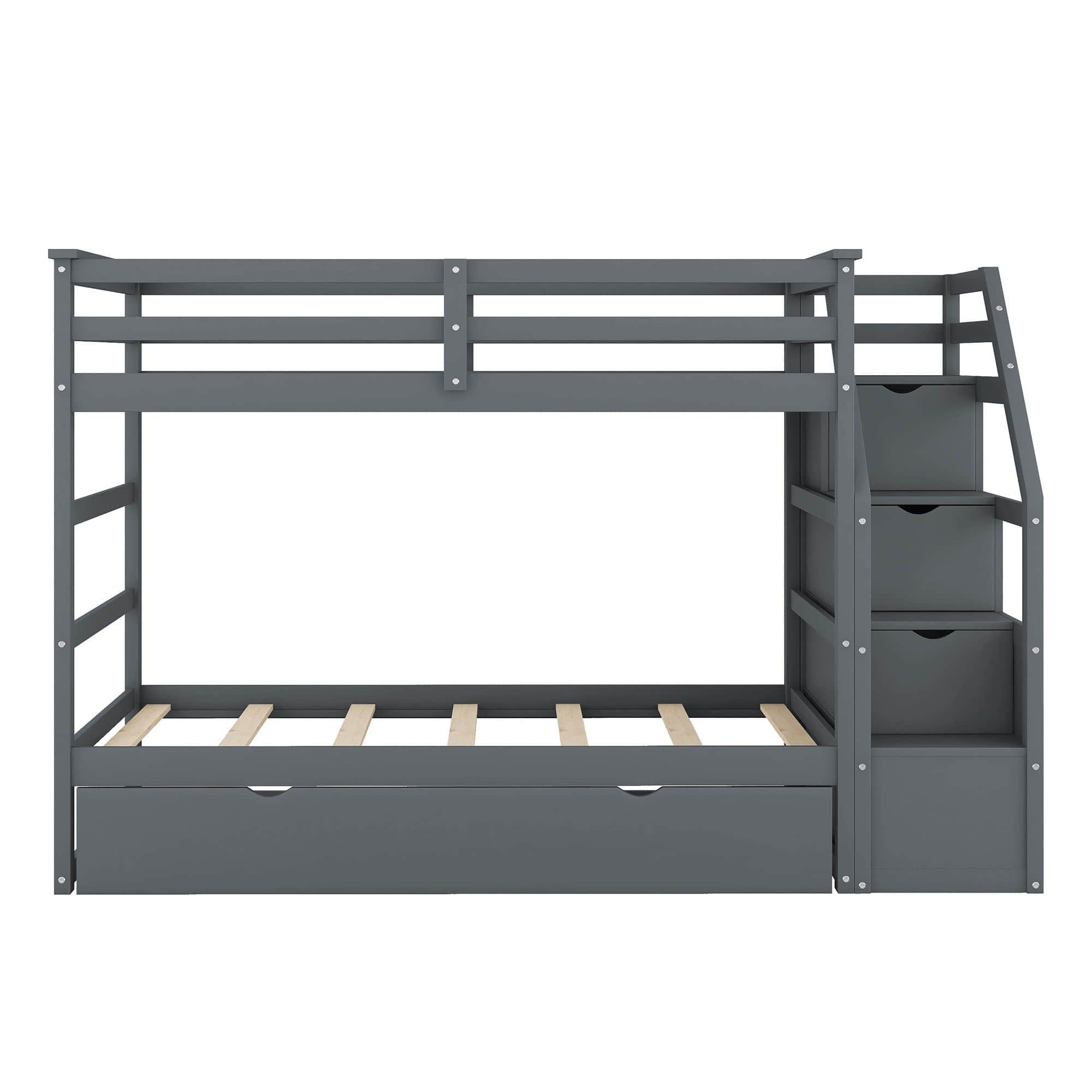 Low Twin Over Twin Bunk Beds for Kids with Storage Stairs and Trundle