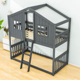 Low Twin Over Twin House Bunk Beds for Kids Toddler - [Wooden, Floor]