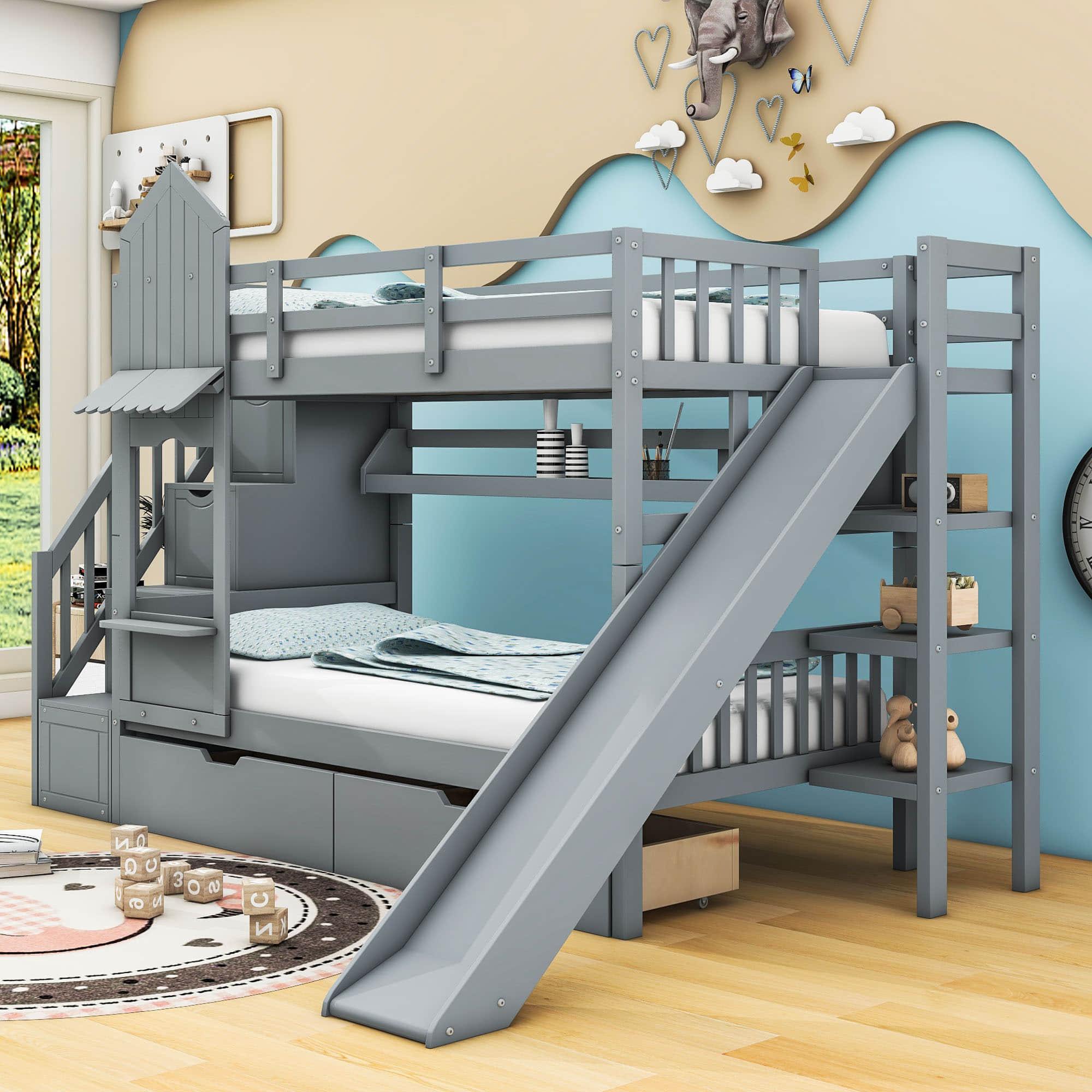 Girls Twin Over Twin Castle Bunk Bed with Slide and Stairs, Storage