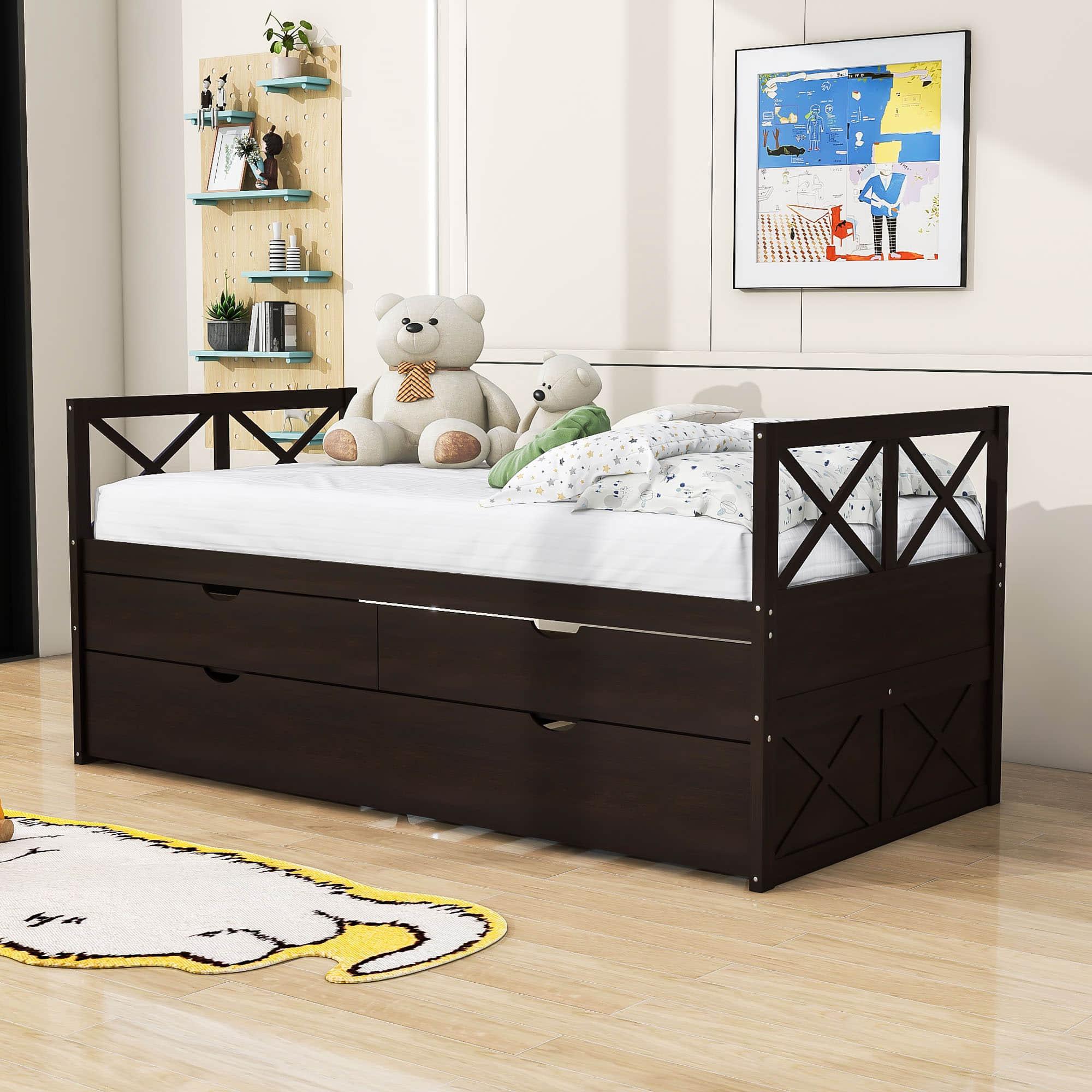 Twin Daybed with Trundle and Storage Drawers for Kids Adults - [Wood, Backless]