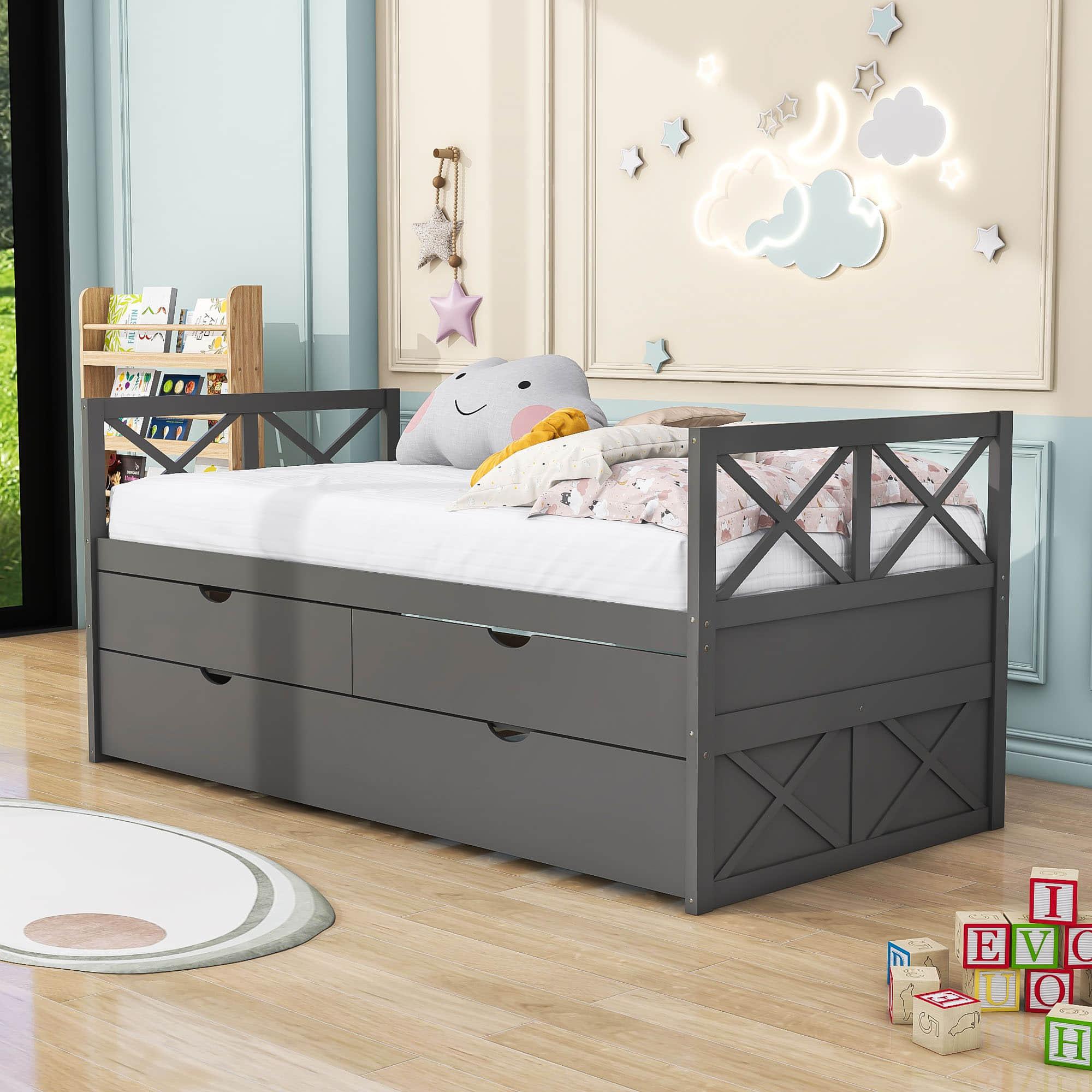 Twin Daybed with Trundle and Storage Drawers for Kids Adults - [Wood, Backless]