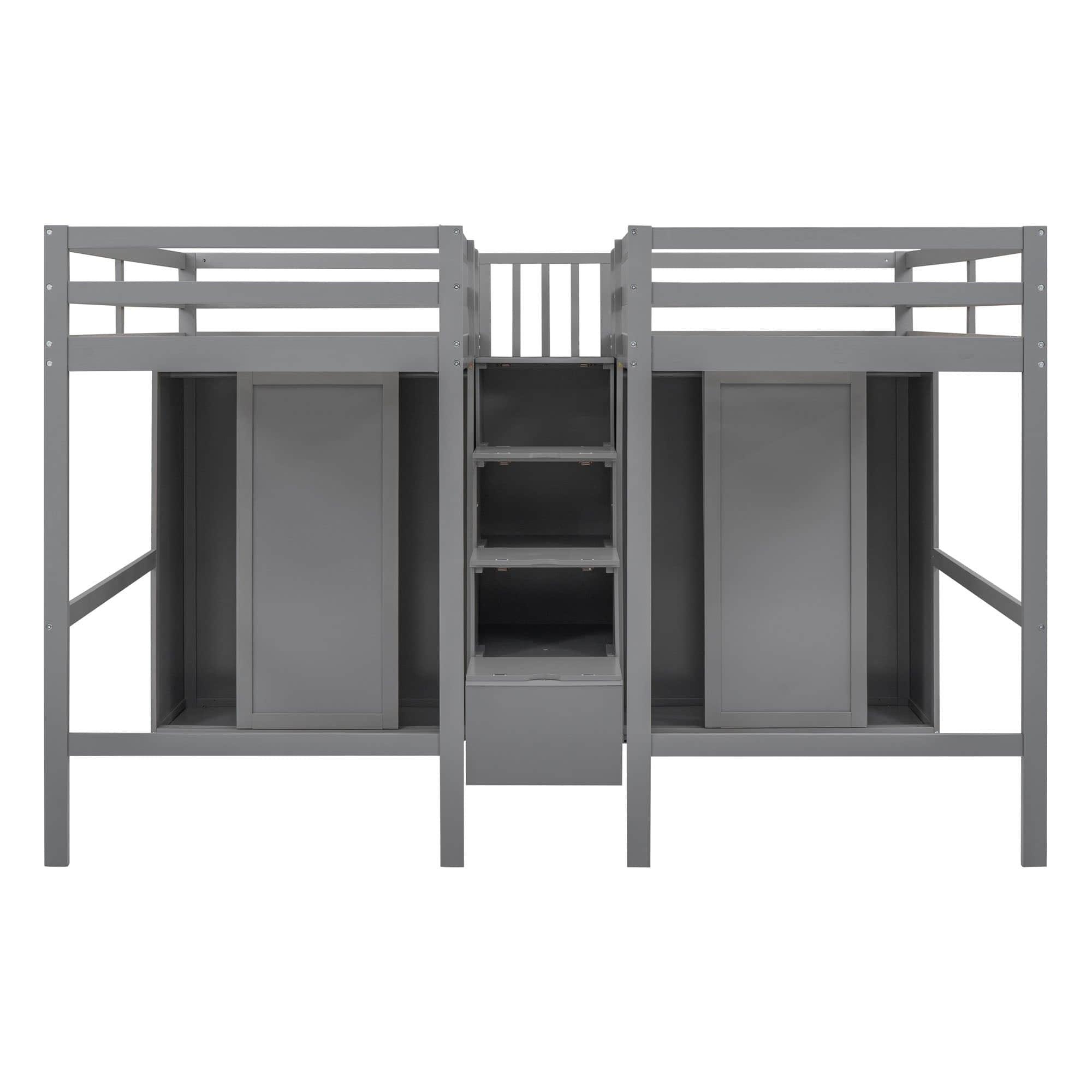 Double Twin Loft Beds with Stairs and Storage for Kids, Adults - [Wardrobe]