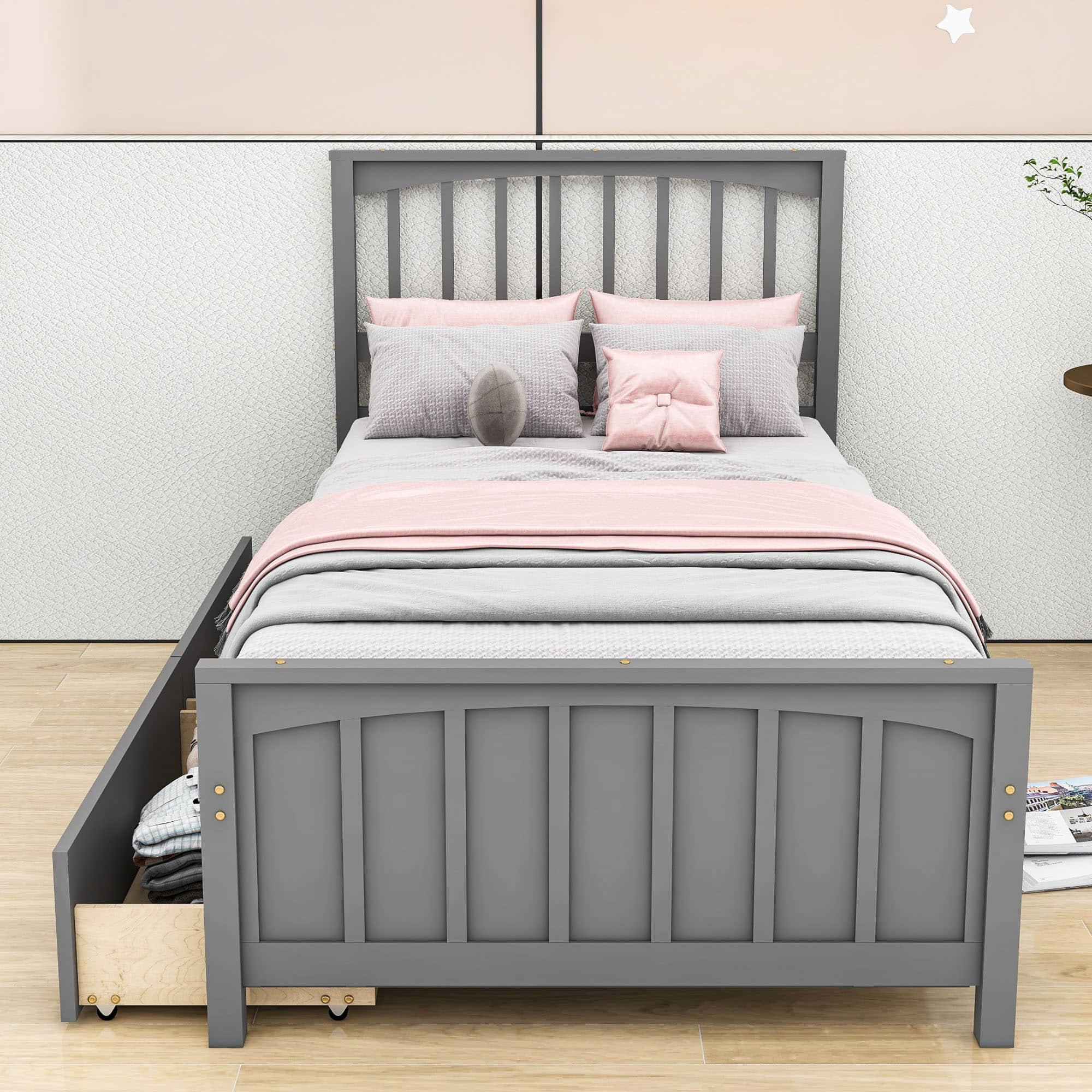 Wood Kids Storage Bed Frame with Headboard and Drawers