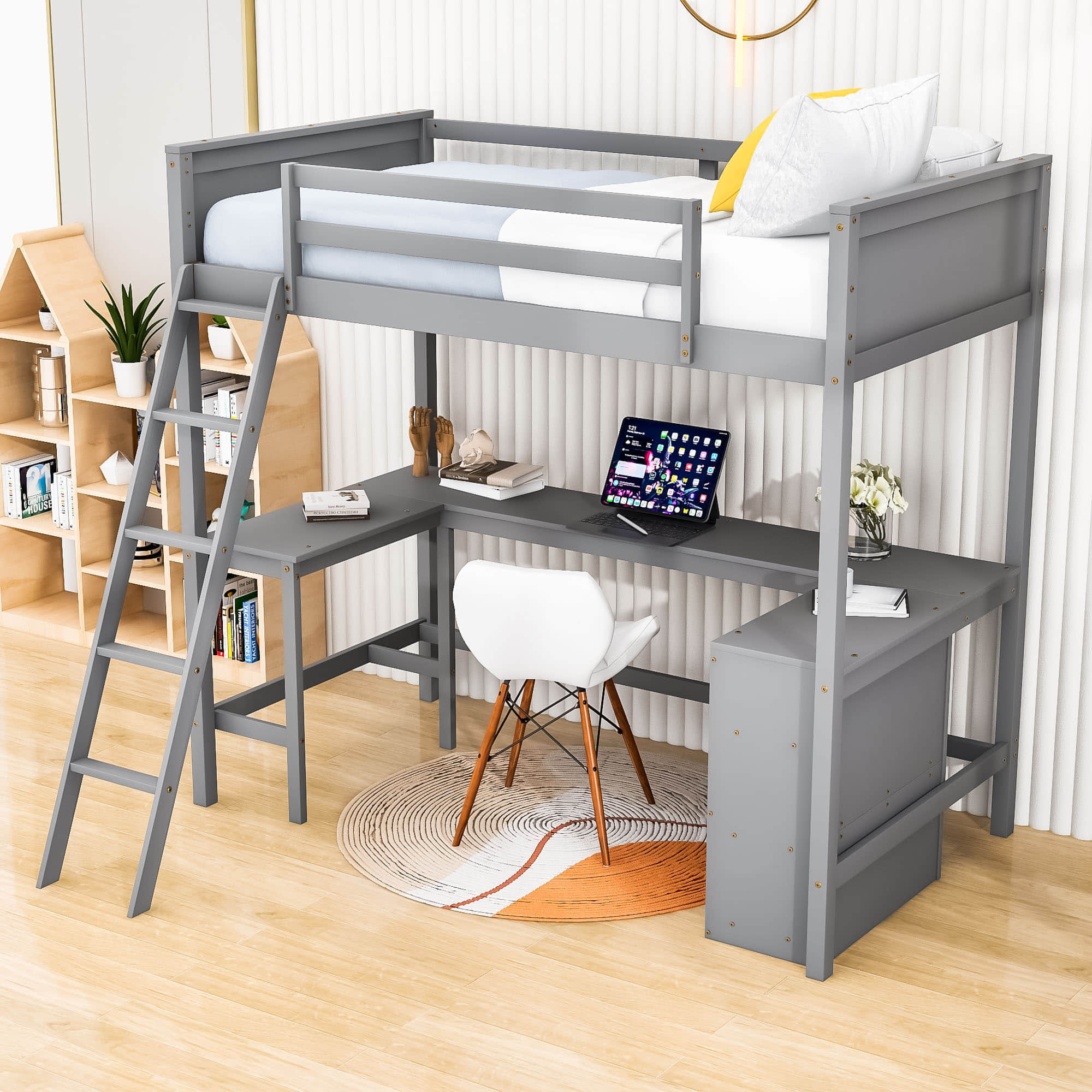 Wood Twin Size Loft Bed with Desk and Storage Shelves for Kids, Adult