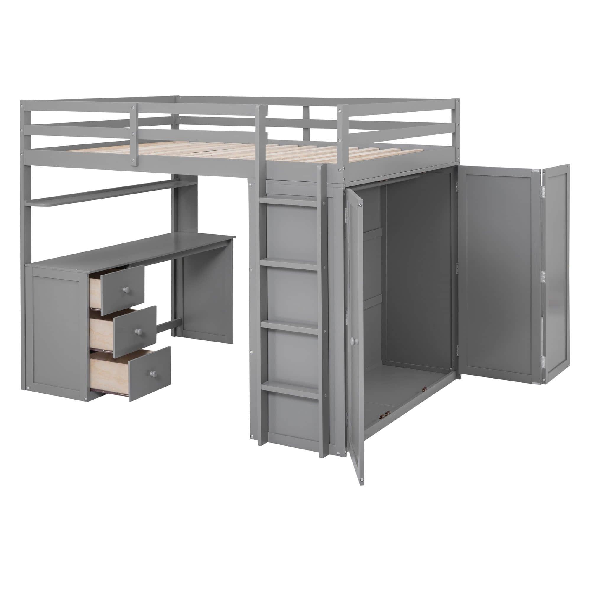 Full Size Loft Bed with Desk and Storage for Kids, Adults - [Wardrobe]