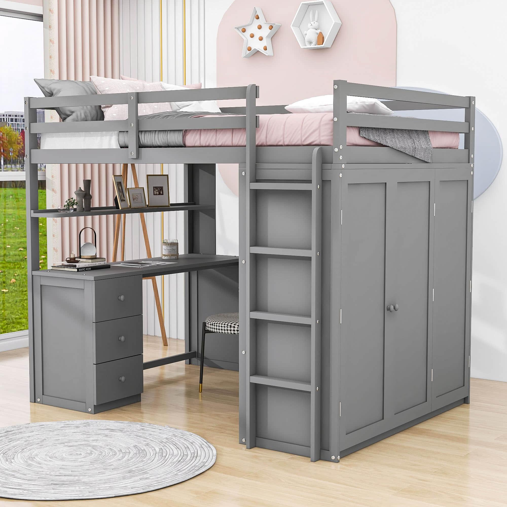 Full Size Loft Bed with Desk and Storage for Kids, Adults - [Wardrobe]