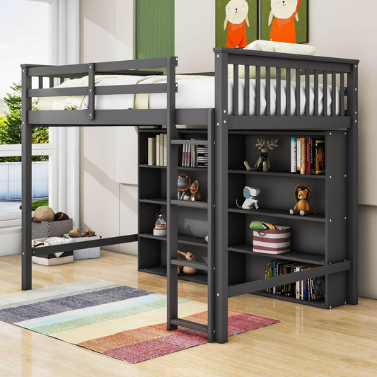 Full Size Loft Bed with Large Open Storage Shelves for Adults, Kids