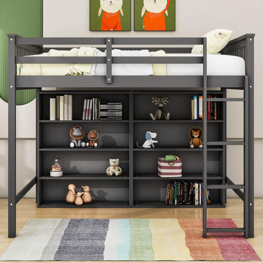 Full Size Loft Bed with Large Open Storage Shelves for Adults, Kids