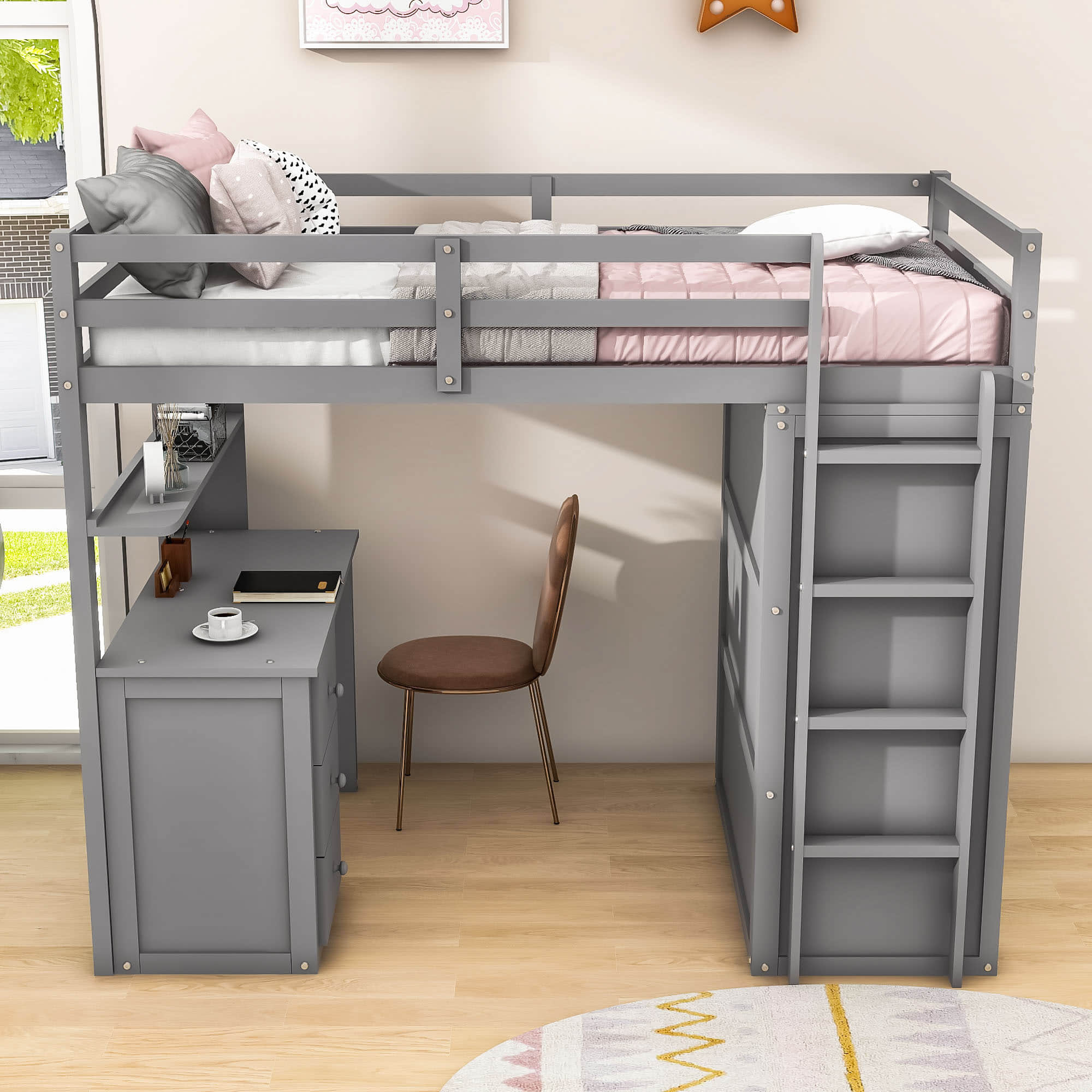 Wood Twin Loft Bed with Desk and Storage for Kids, Adults - [Wardrobe]