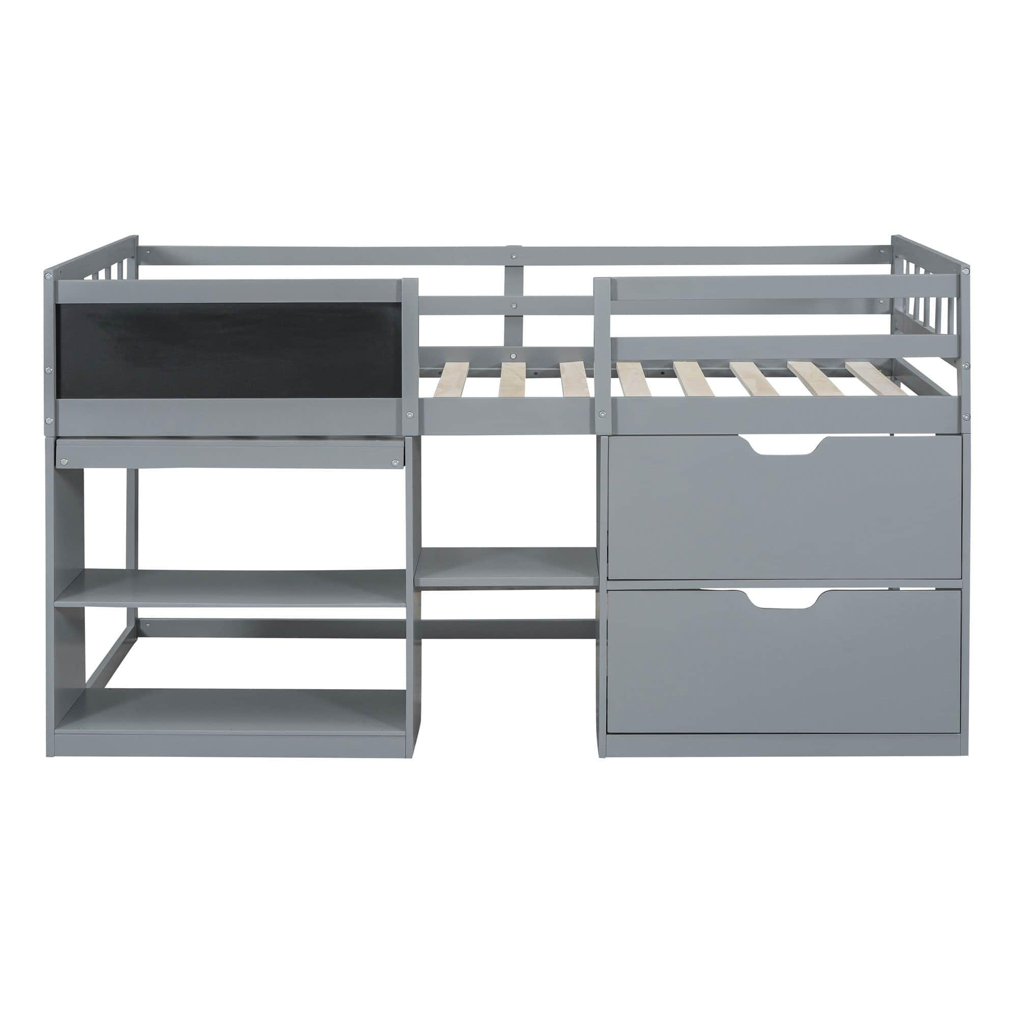 Kids Low Twin Loft Bed with Rolling Desk and Storage - [Drawers, Shelves]