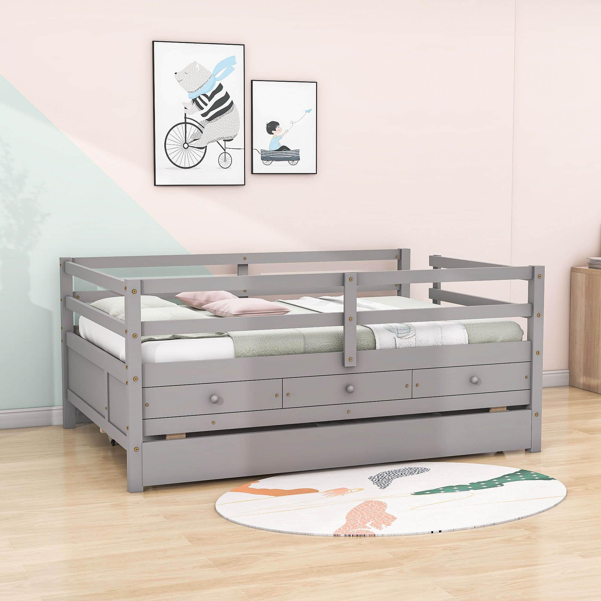 Solid Wood Low Full Size Kids Bed with Trundle and Storage - [Drawers, Rails]