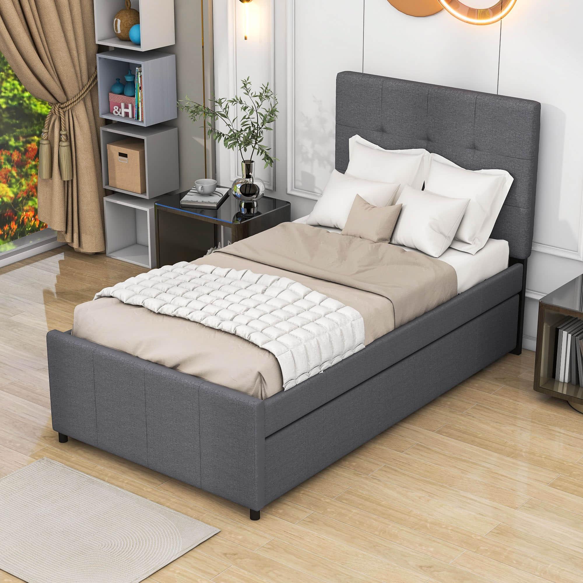 Twin Upholstered Platform Bed with Headboard and Trundle - [Linen]