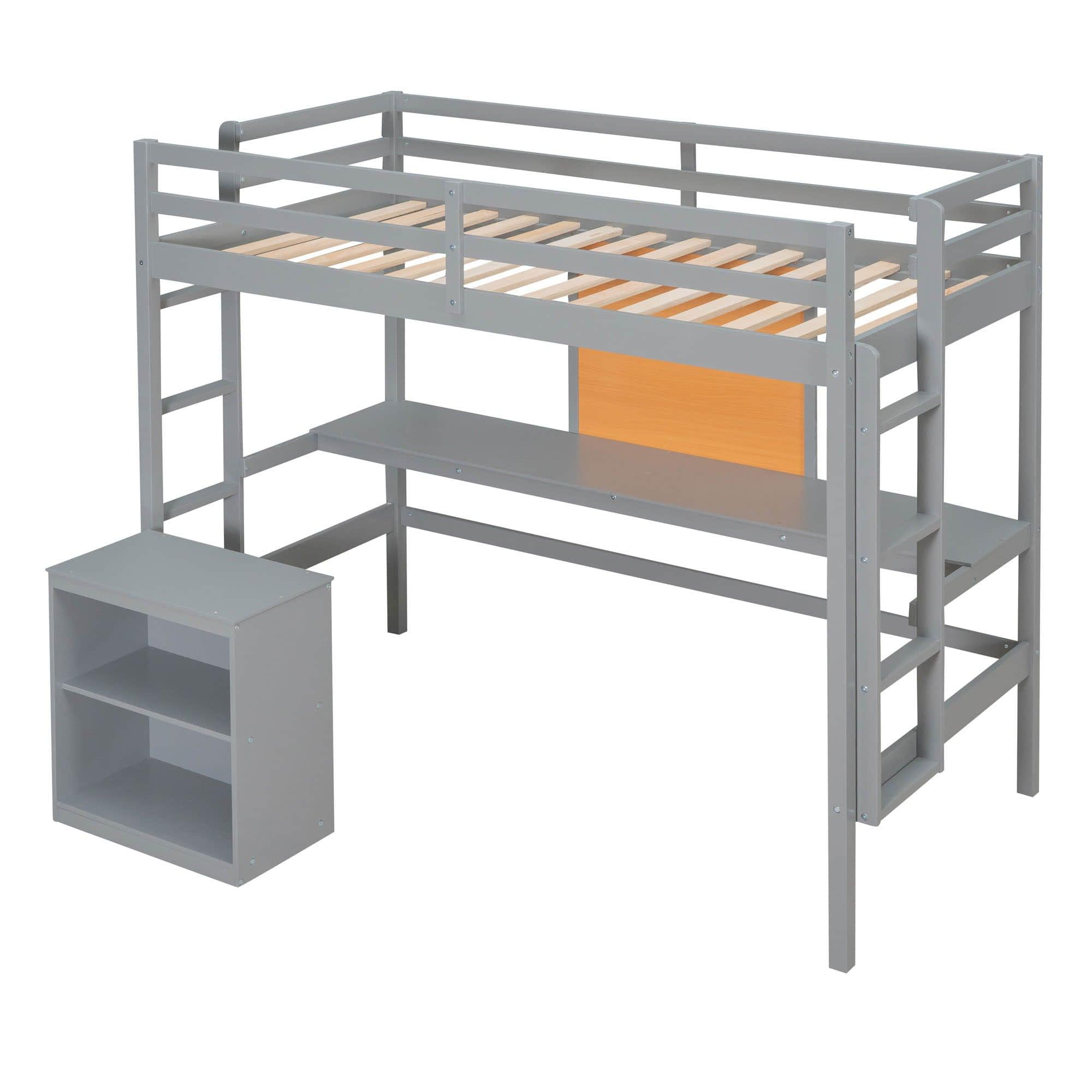 Wood Twin Loft Bed with Desk and Storage for Adults, Kids - [Cabinet]