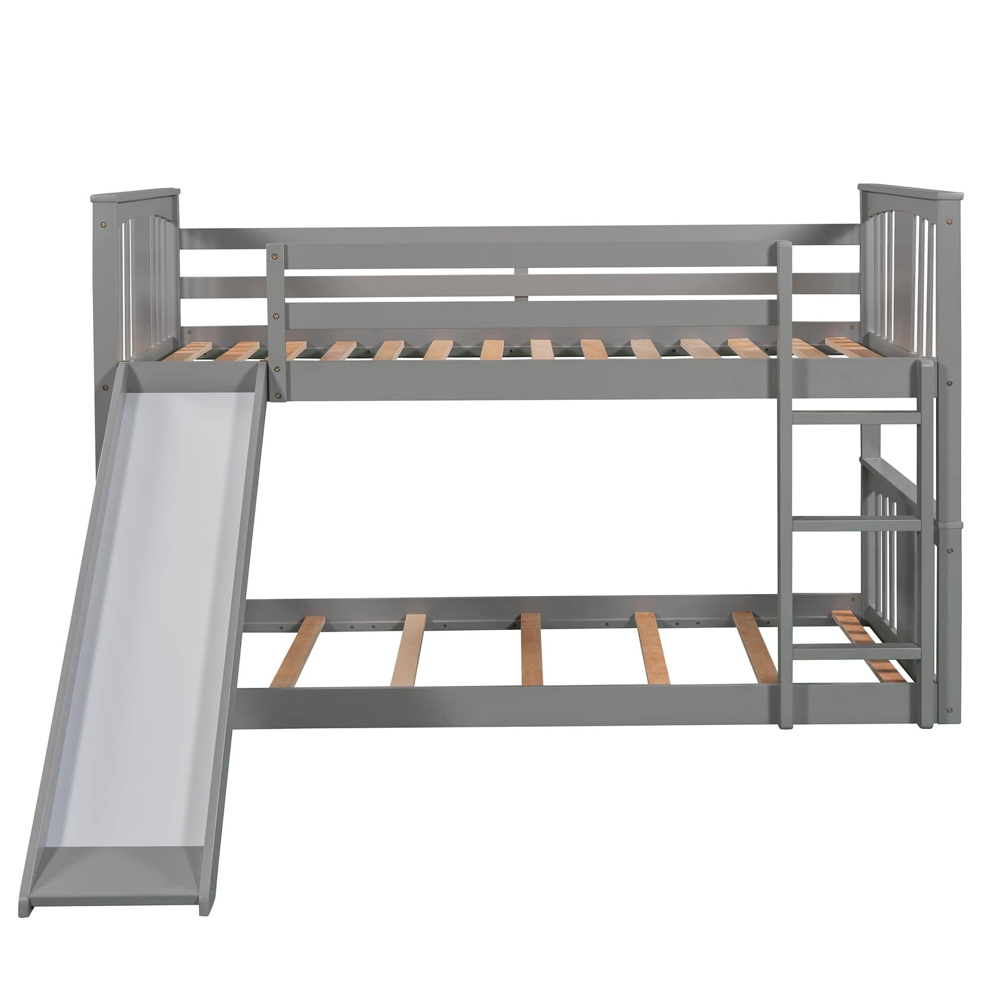 Montessori Twin Over Twin Fun Floor Bunk Bed with Slide - [Wood, Ladder, Low]