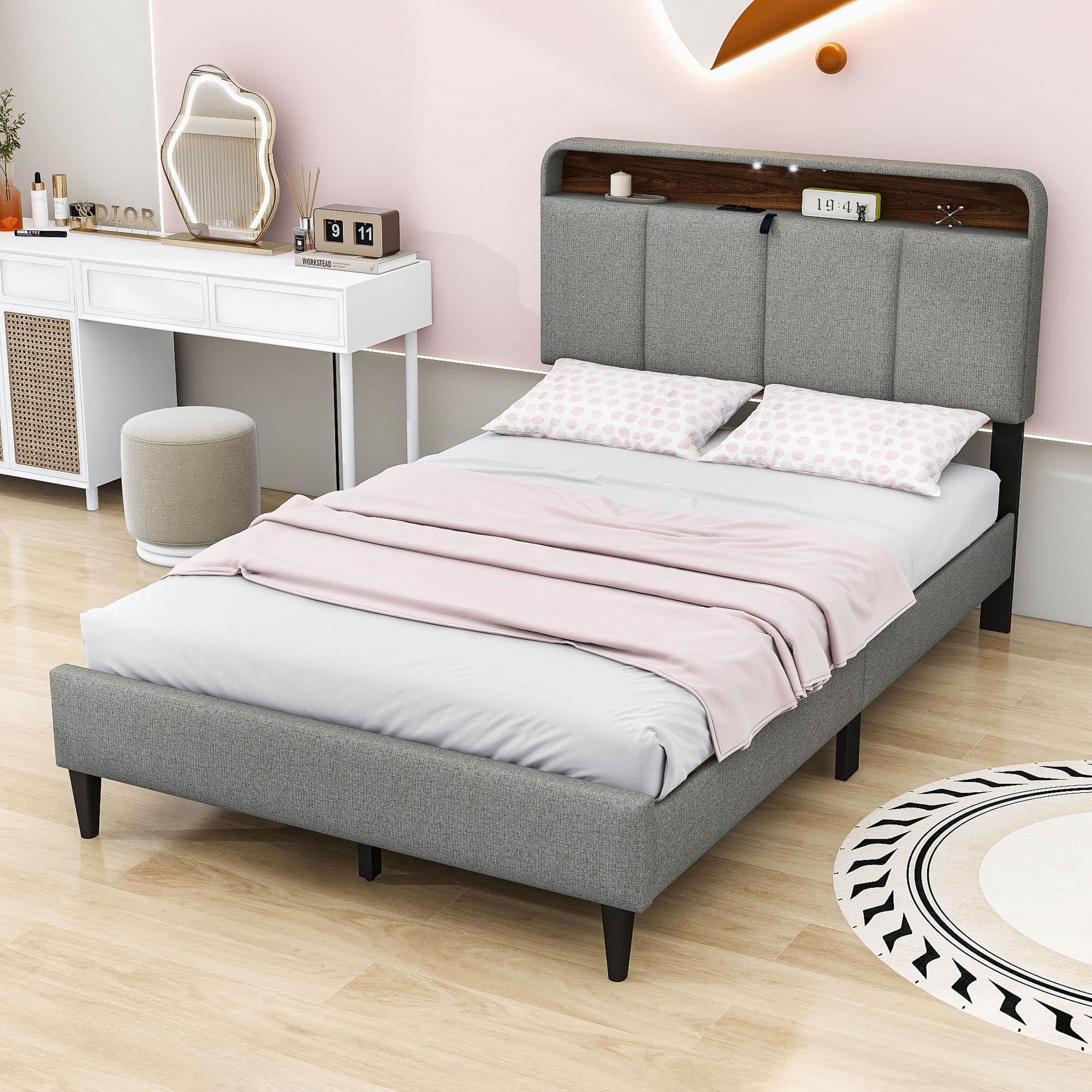 Smart Full Size Platform Upholstered Bed Frame with Storage Headboard