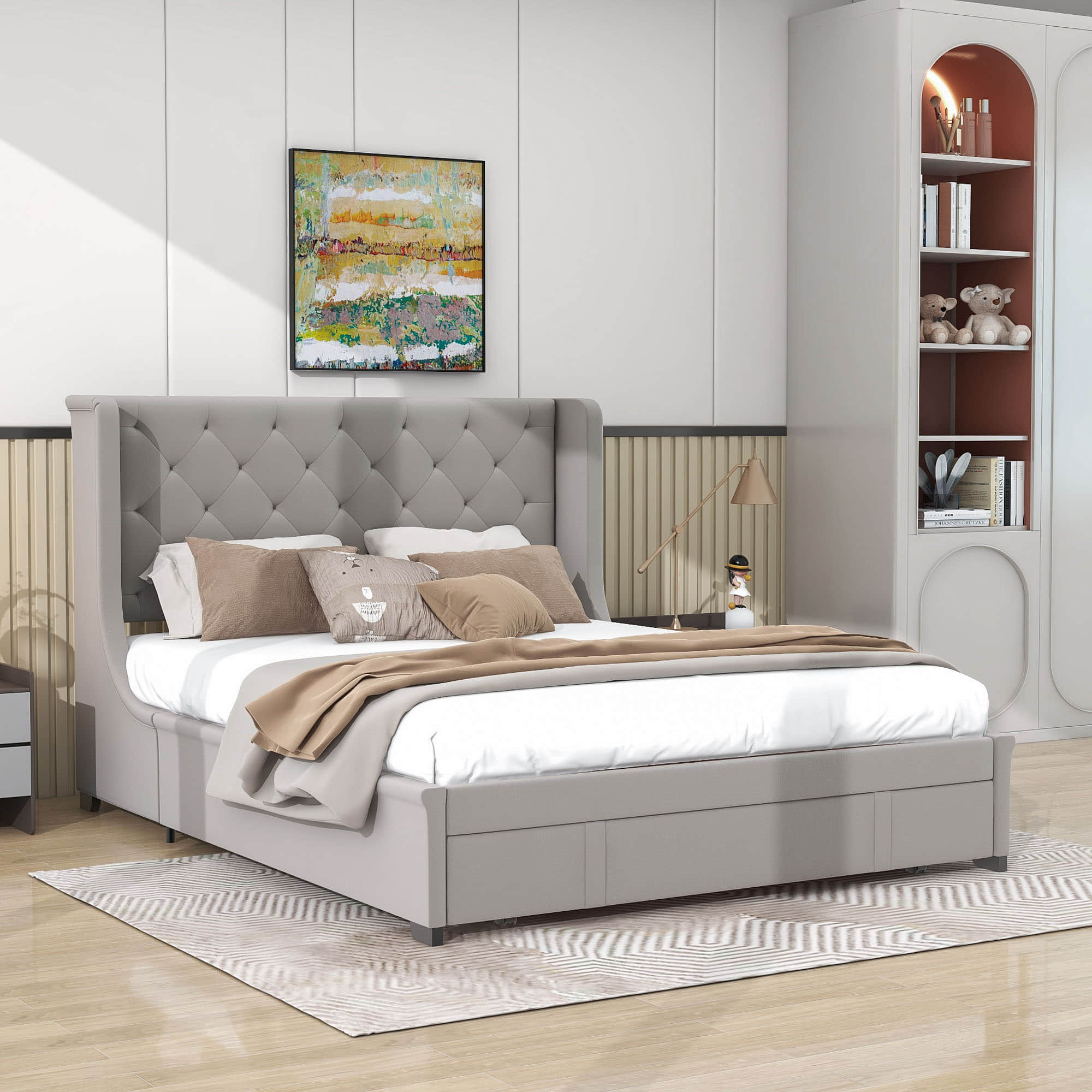 Queen Upholstered Bed Frame with Wingback Headboard and Storage