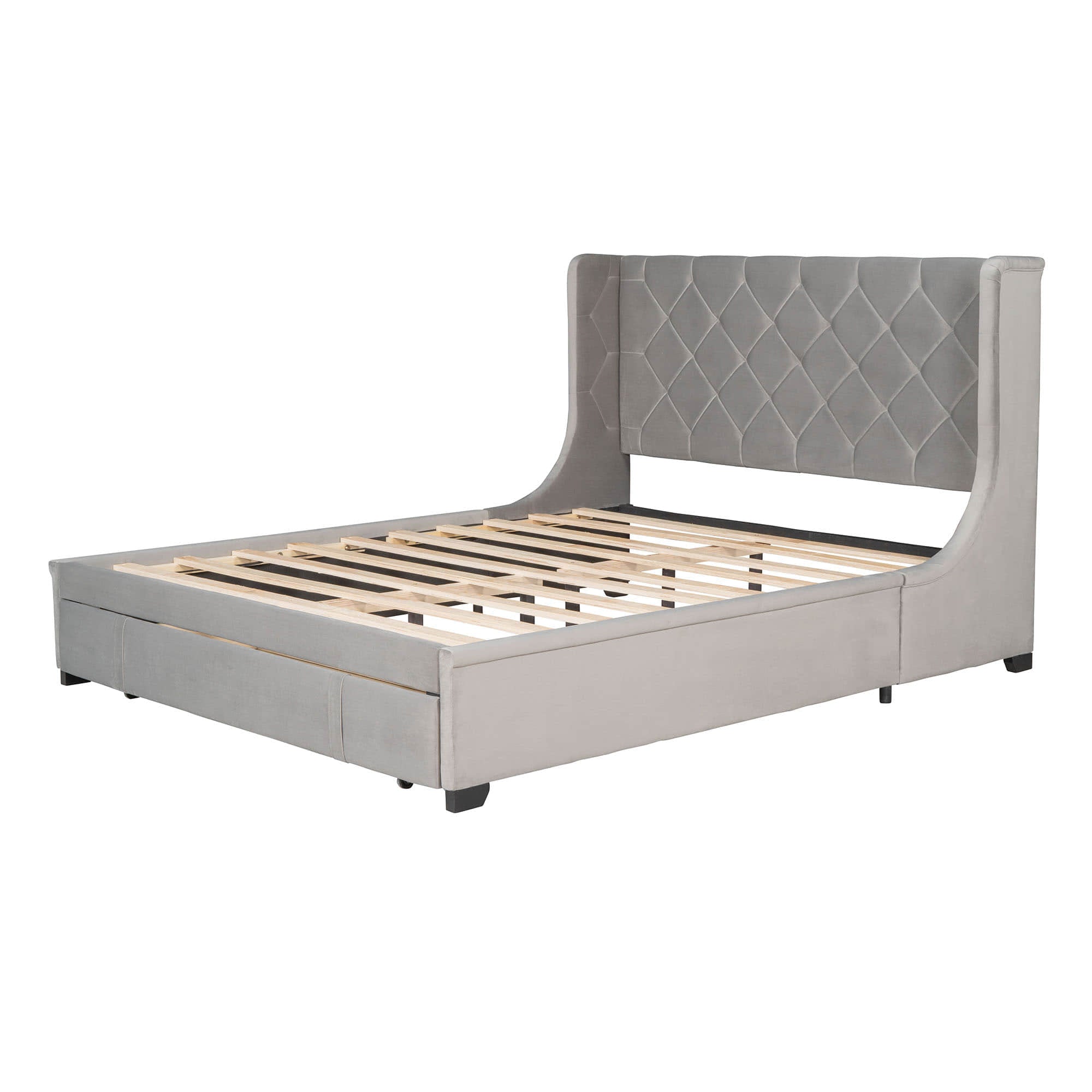 Queen Upholstered Bed Frame with Wingback Headboard and Storage