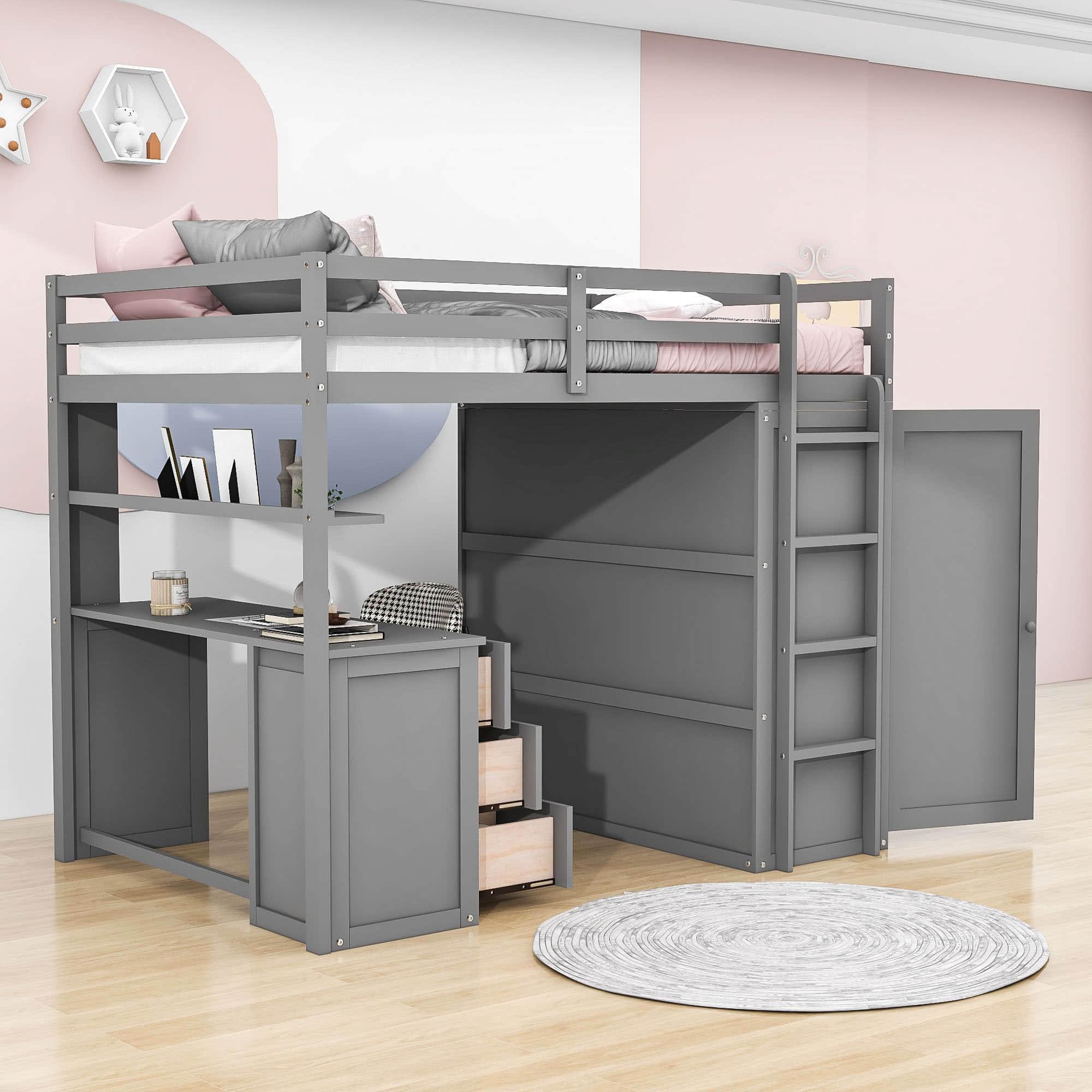 Full Size Loft Bed with Desk and Storage for Kids, Adults - [Wardrobe]