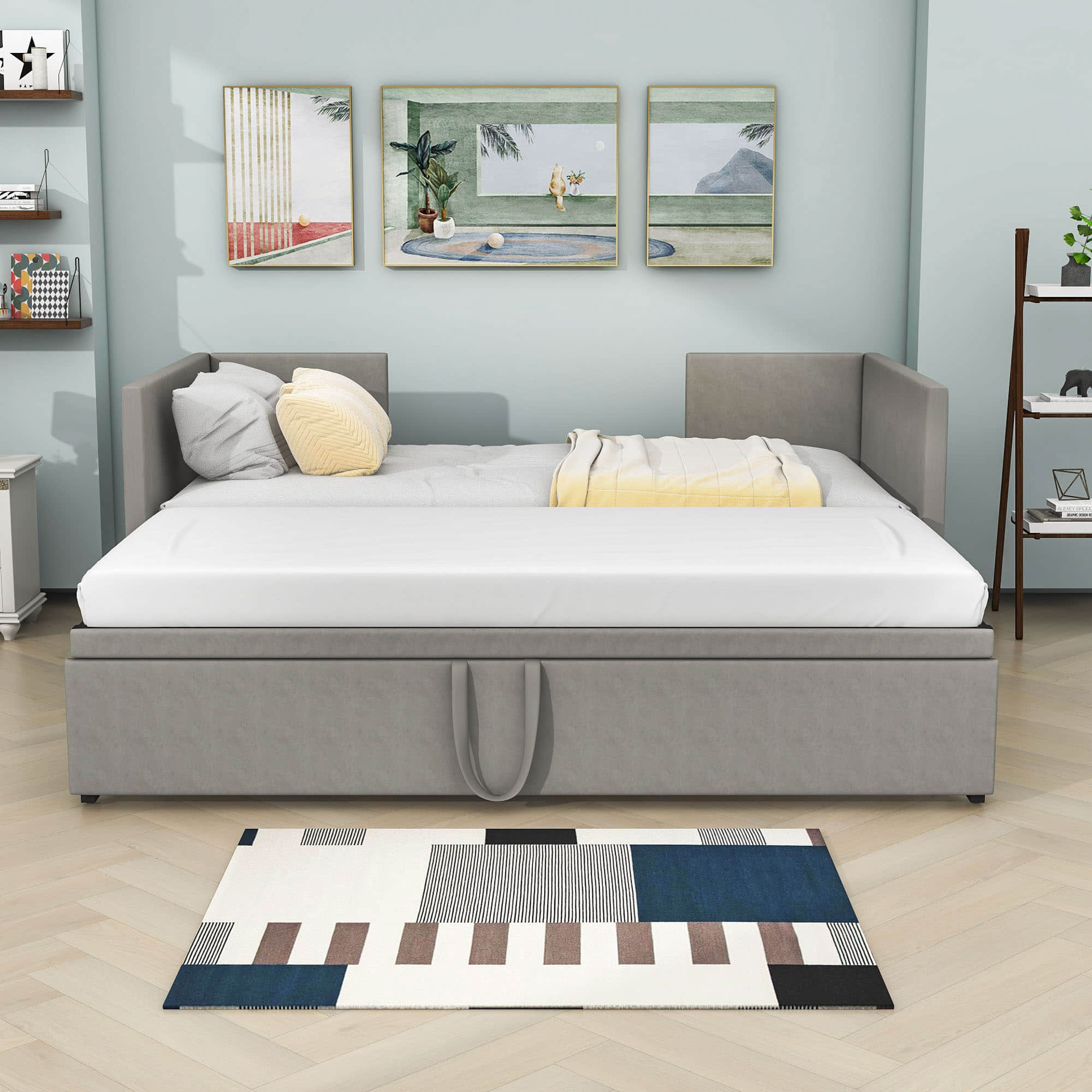 Twin Size Upholstered Daybed with Adjustable Pop Up Trundle