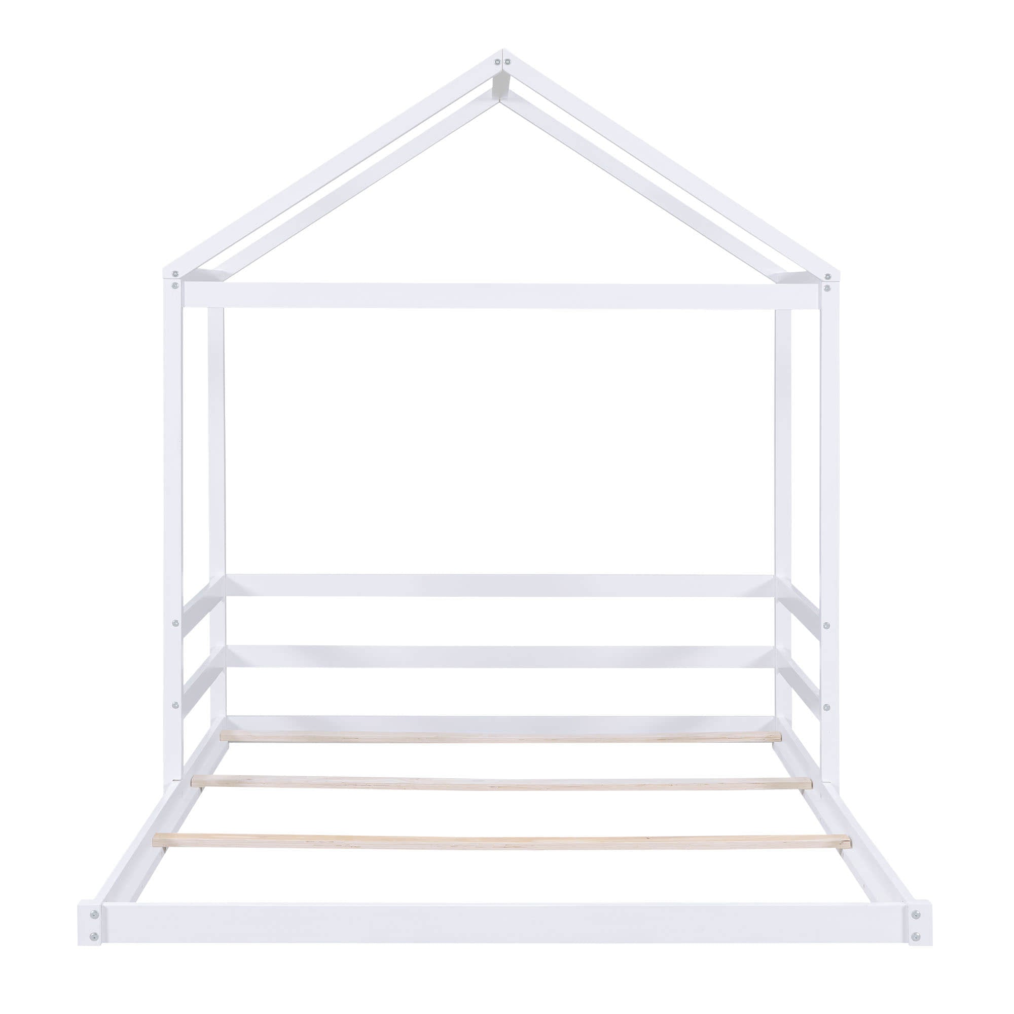 Wood House-Shaped Full Size Toddler Floor Bed with Rails