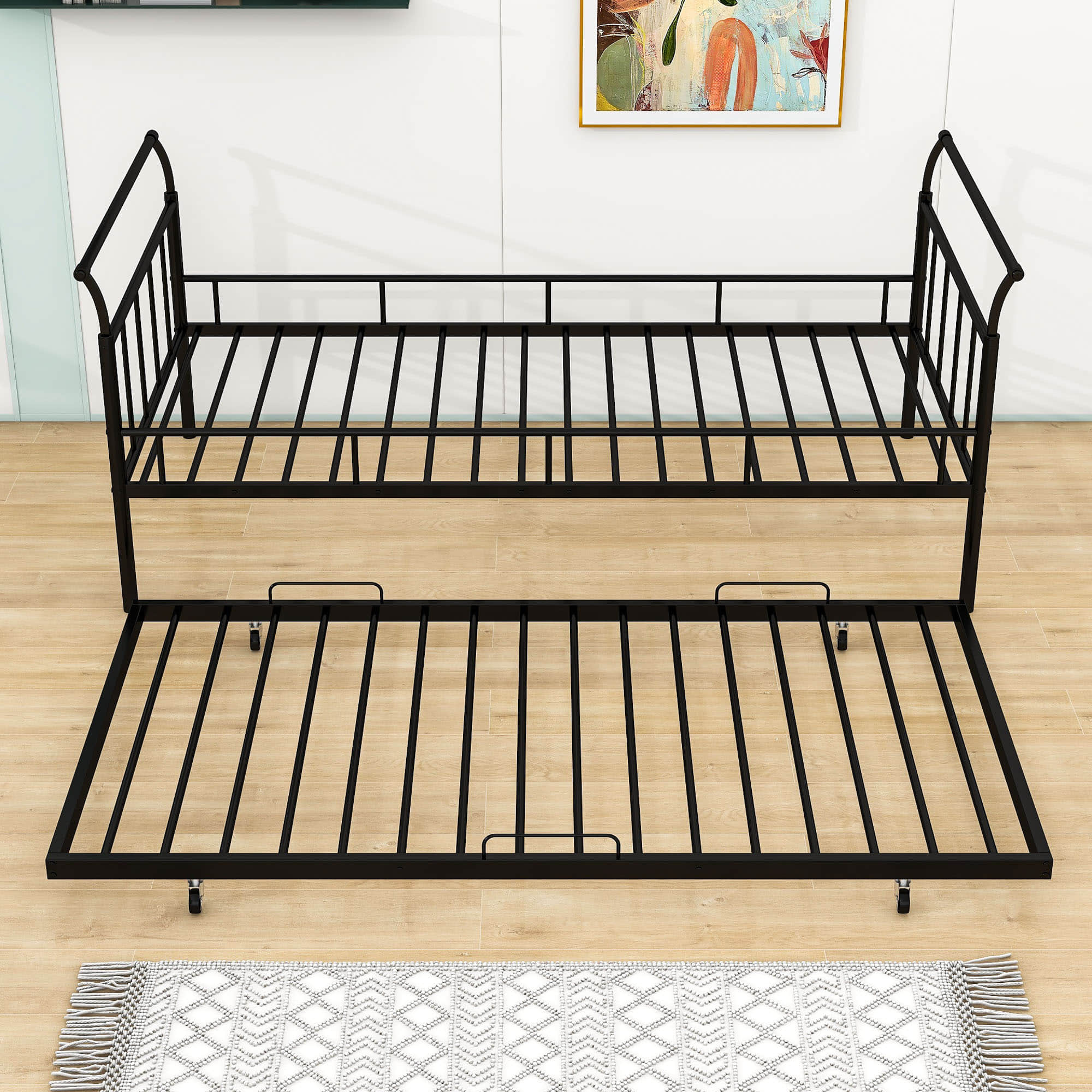 Metal Twin Daybed with Trundle and Curved Armrest - [Backless]