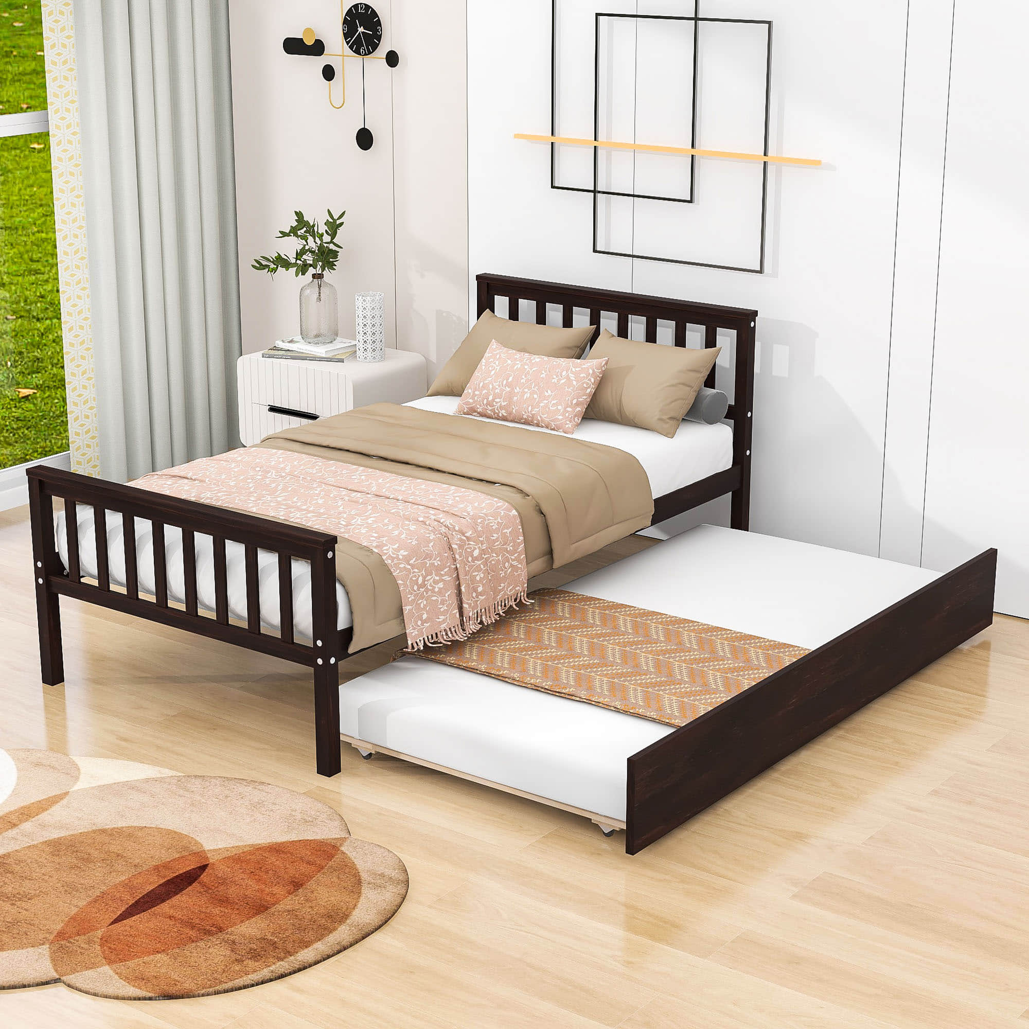 Twin Platform Bed Frame with Twin Trundle and Headboard - [Wooden, Footboard]