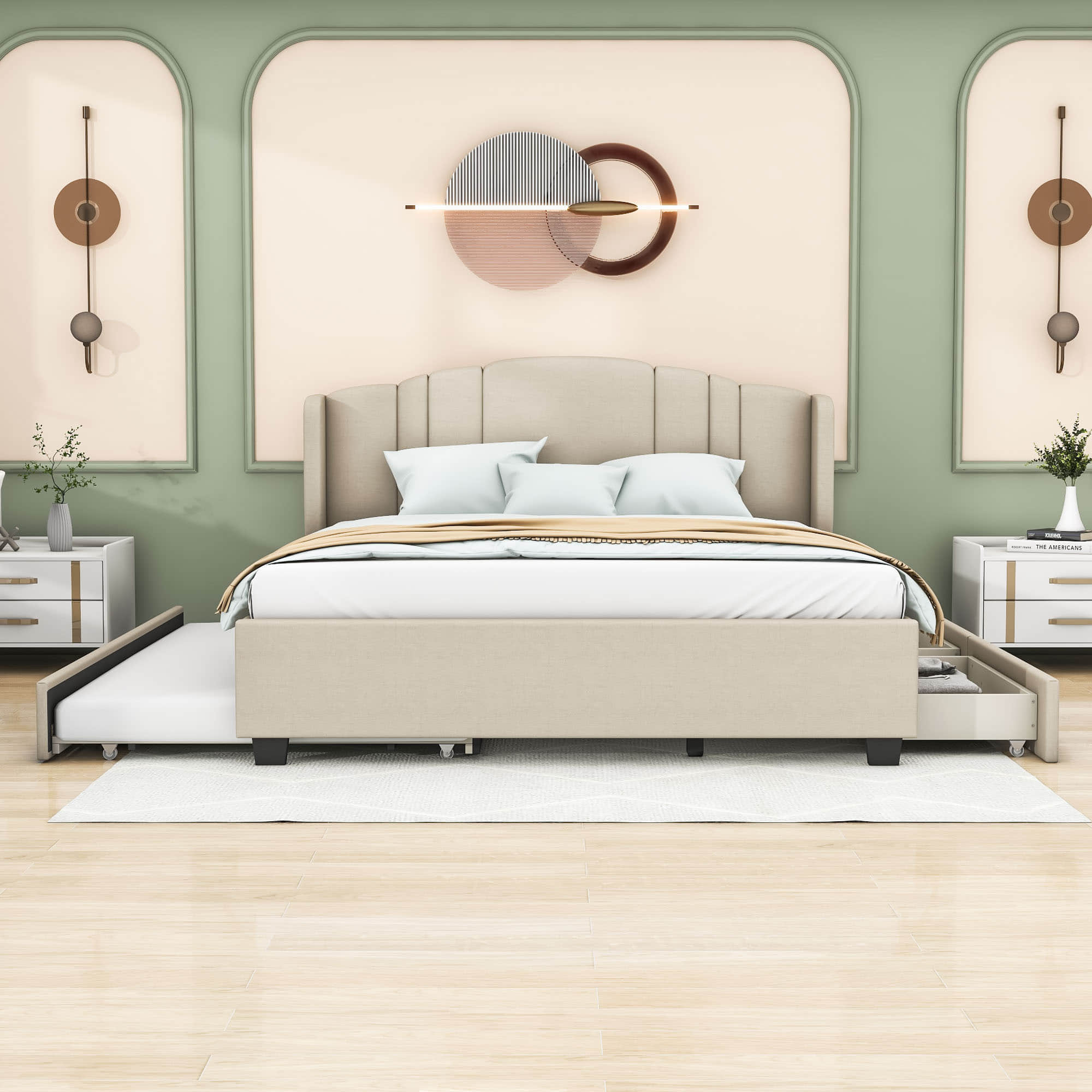 Modern Upholstered Queen Platform Bed Frame with Headboard and Storage