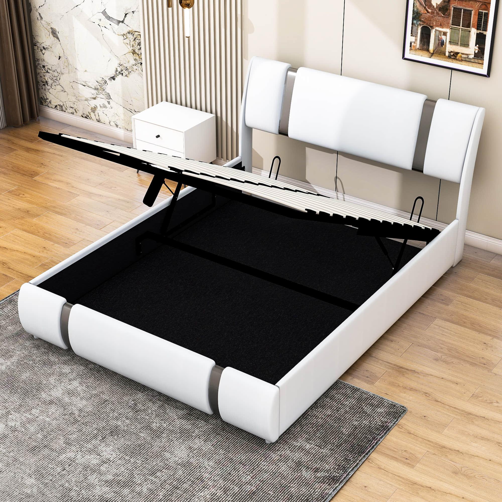 PU Leather Queen Size Upholstered Platform Bed Frame - [Hydraulic Storage System]