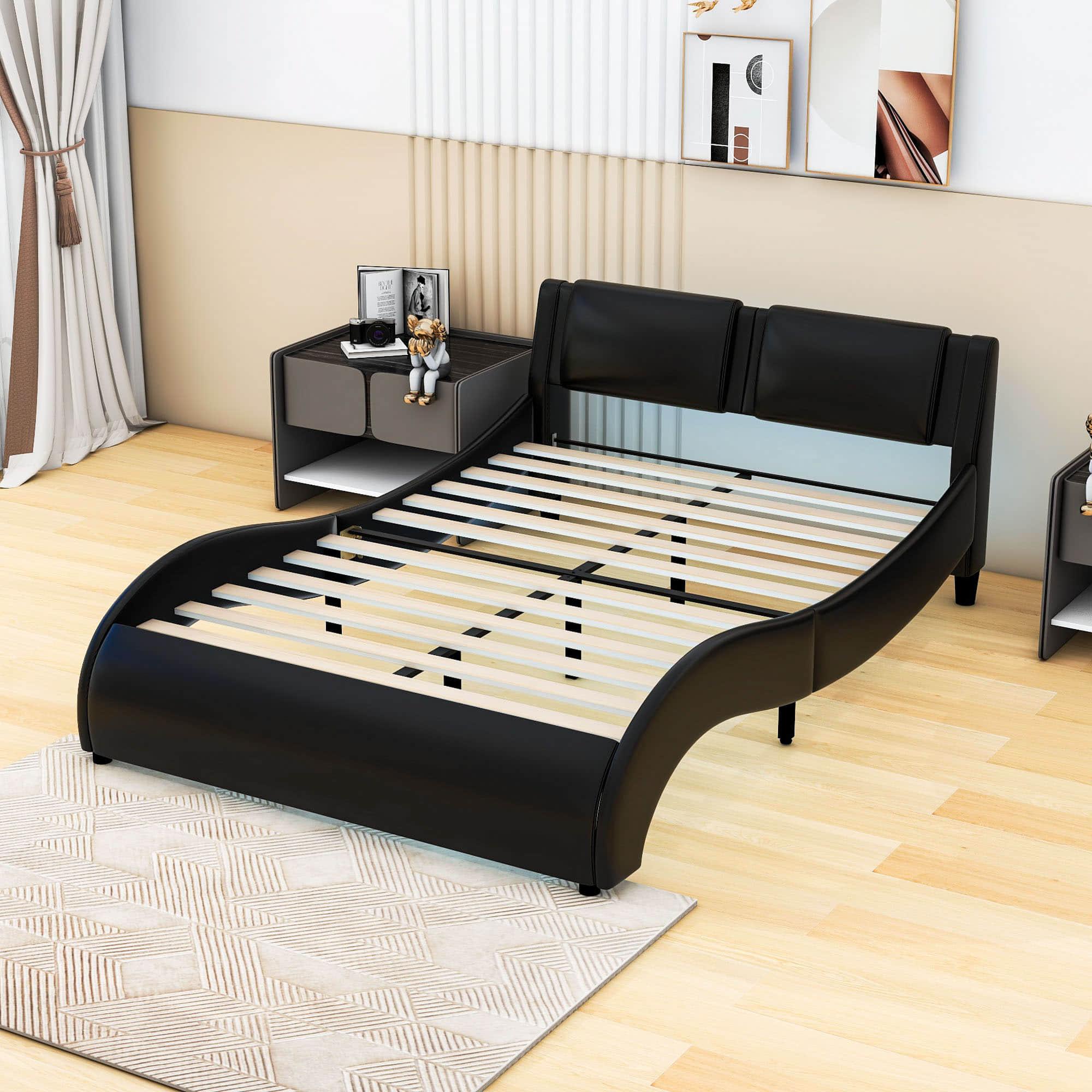 Modern Full Upholstered Platform Bed Frame with Headboard and Lights