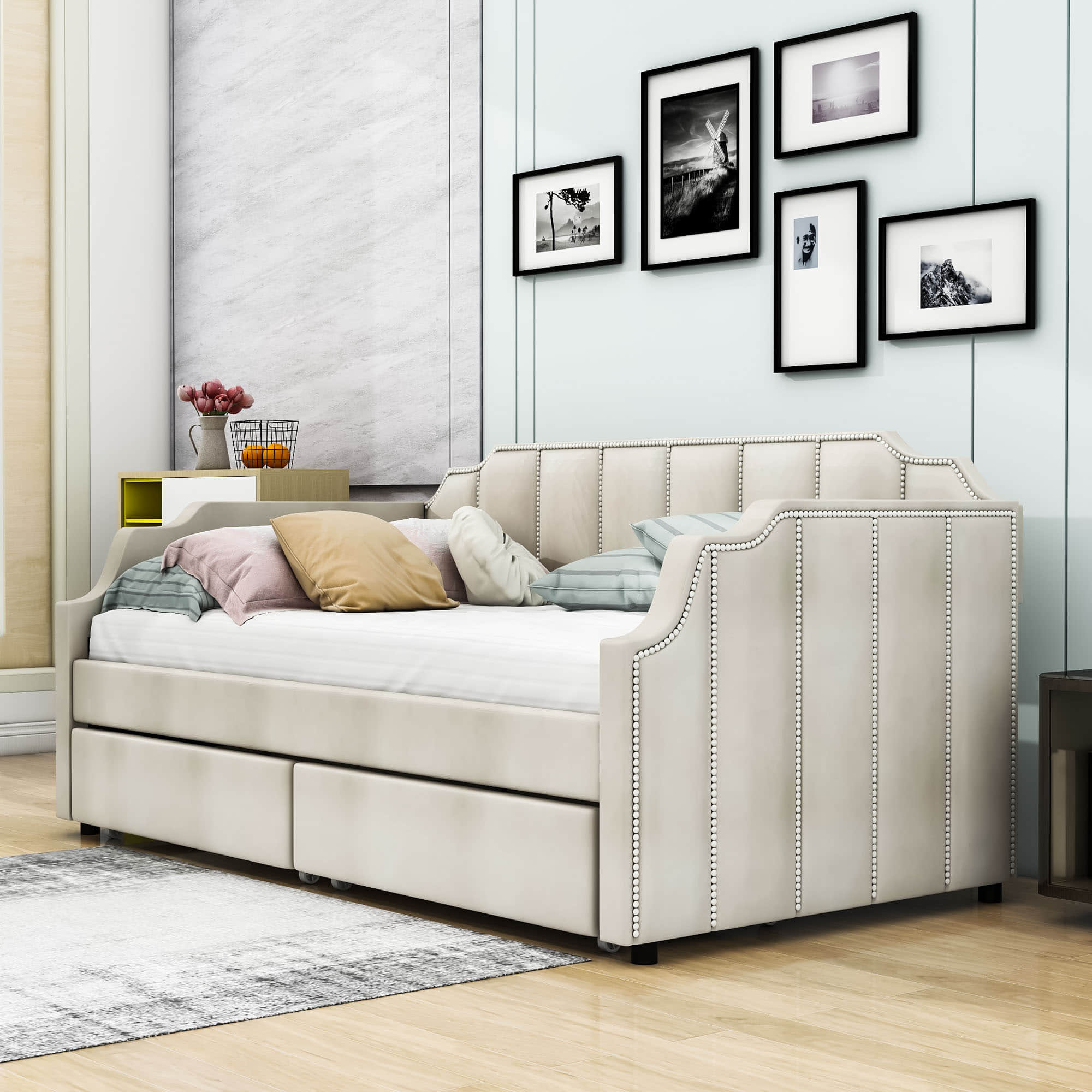 Modern Twin Size Upholstered Daybed with Storage Drawers