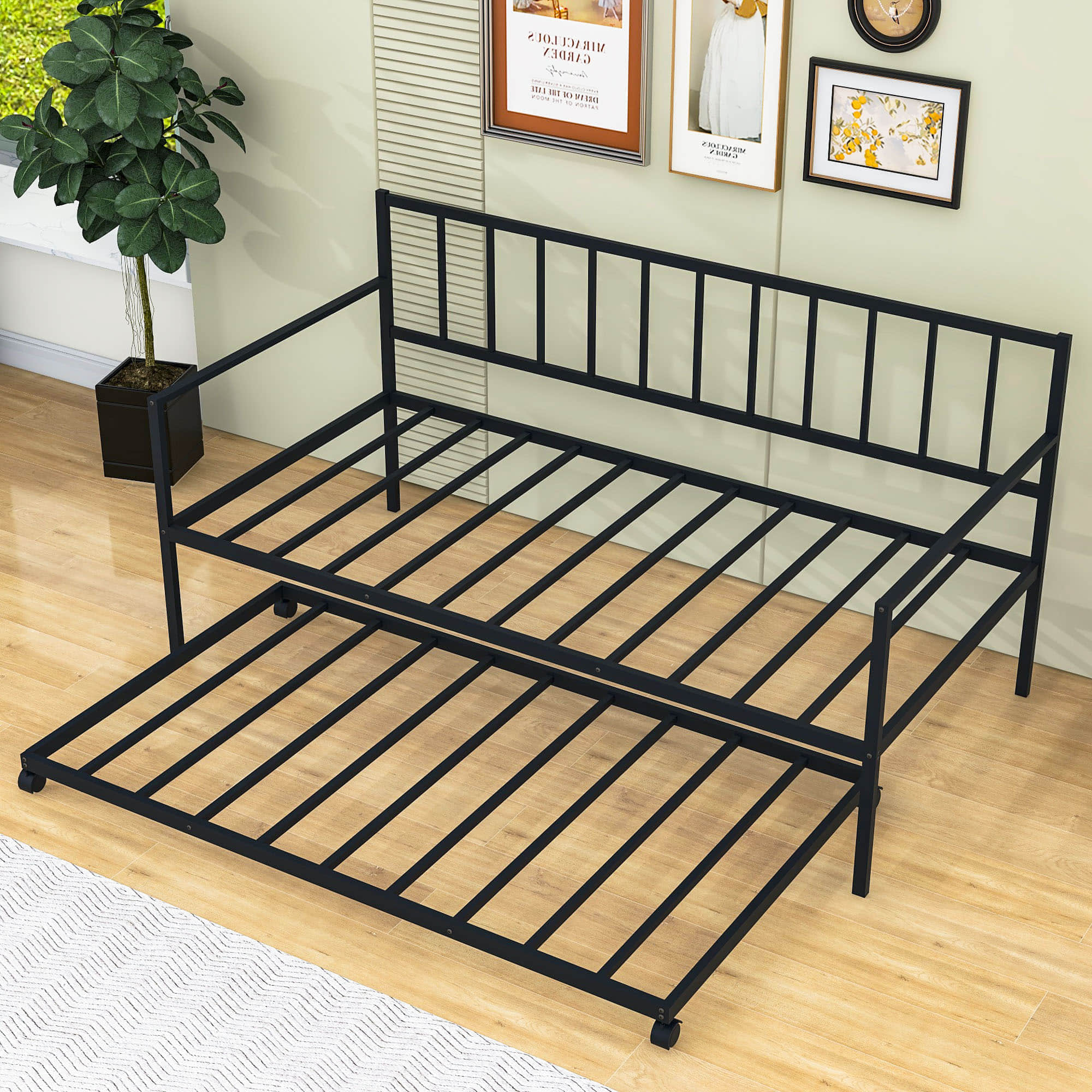 Twin Size Metal Day Bed Frame with Trundle for Adults, Kids