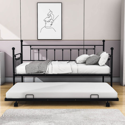 Mid-Century Modern Heavy-Duty Sturdy Metal Twin Daybed with Trundle