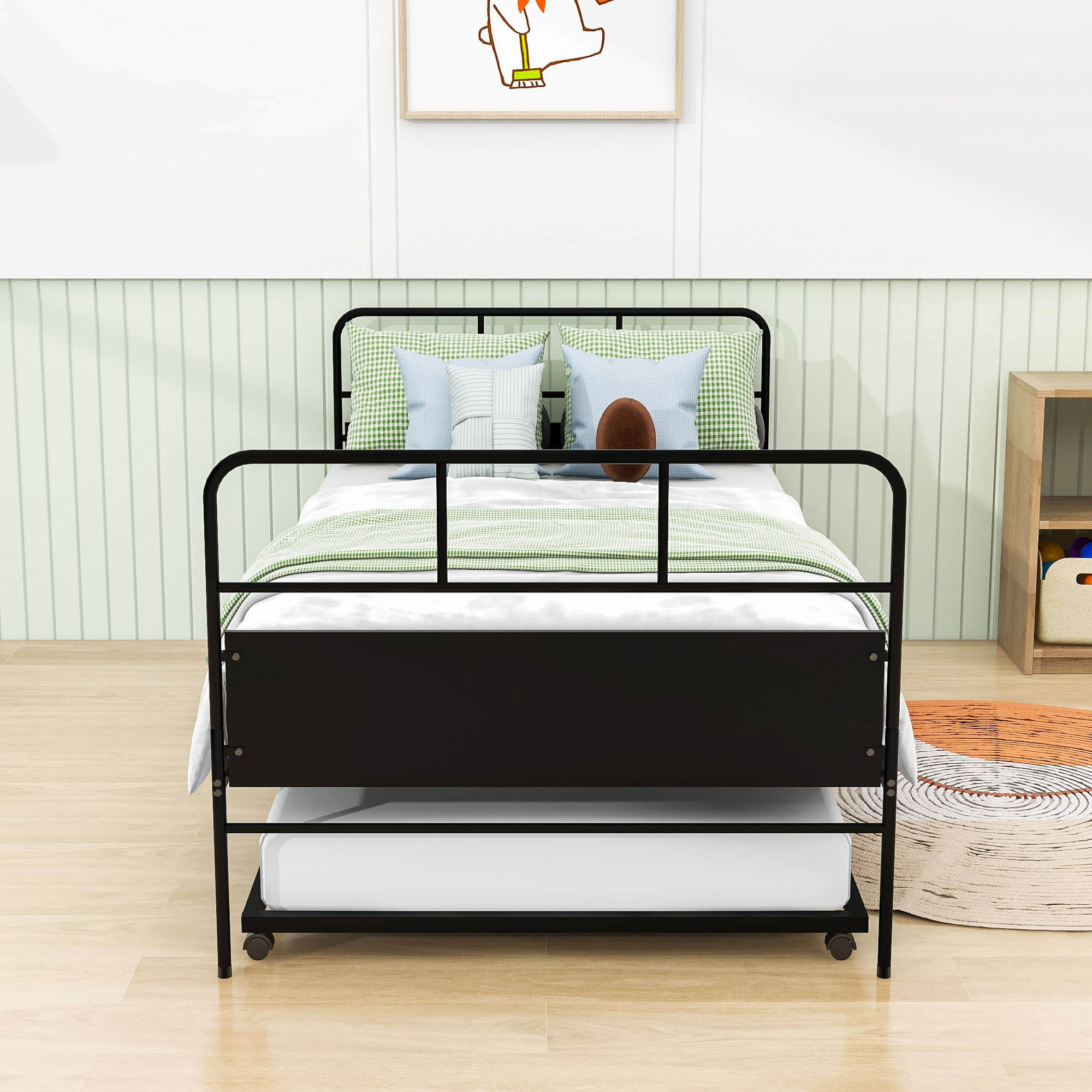 Twin Size Metal Day Bed Frame with Twin Trundle - [Backless]