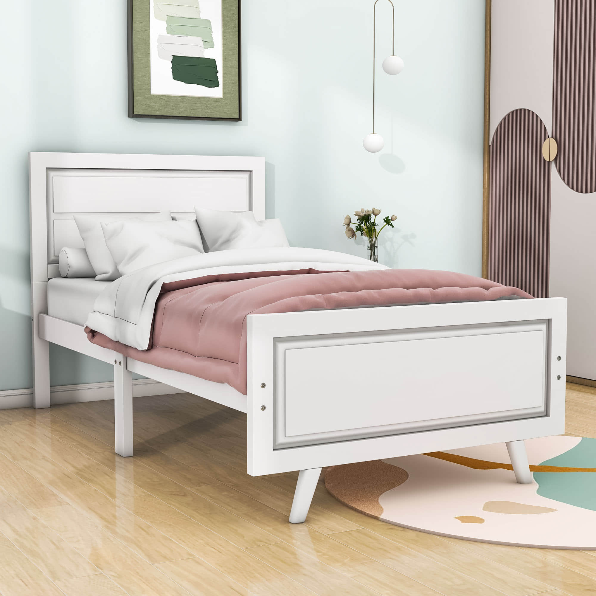 Wood Twin Platform Girls Bed Frame with Headboard and Footboard