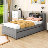 Wooden Twin Platform Bed with Twin Trundle Bed and Storage Headboard - [Shelves]