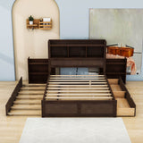 Full Platform Bed Frame with Twin Trundle Bed and Storage Headboard